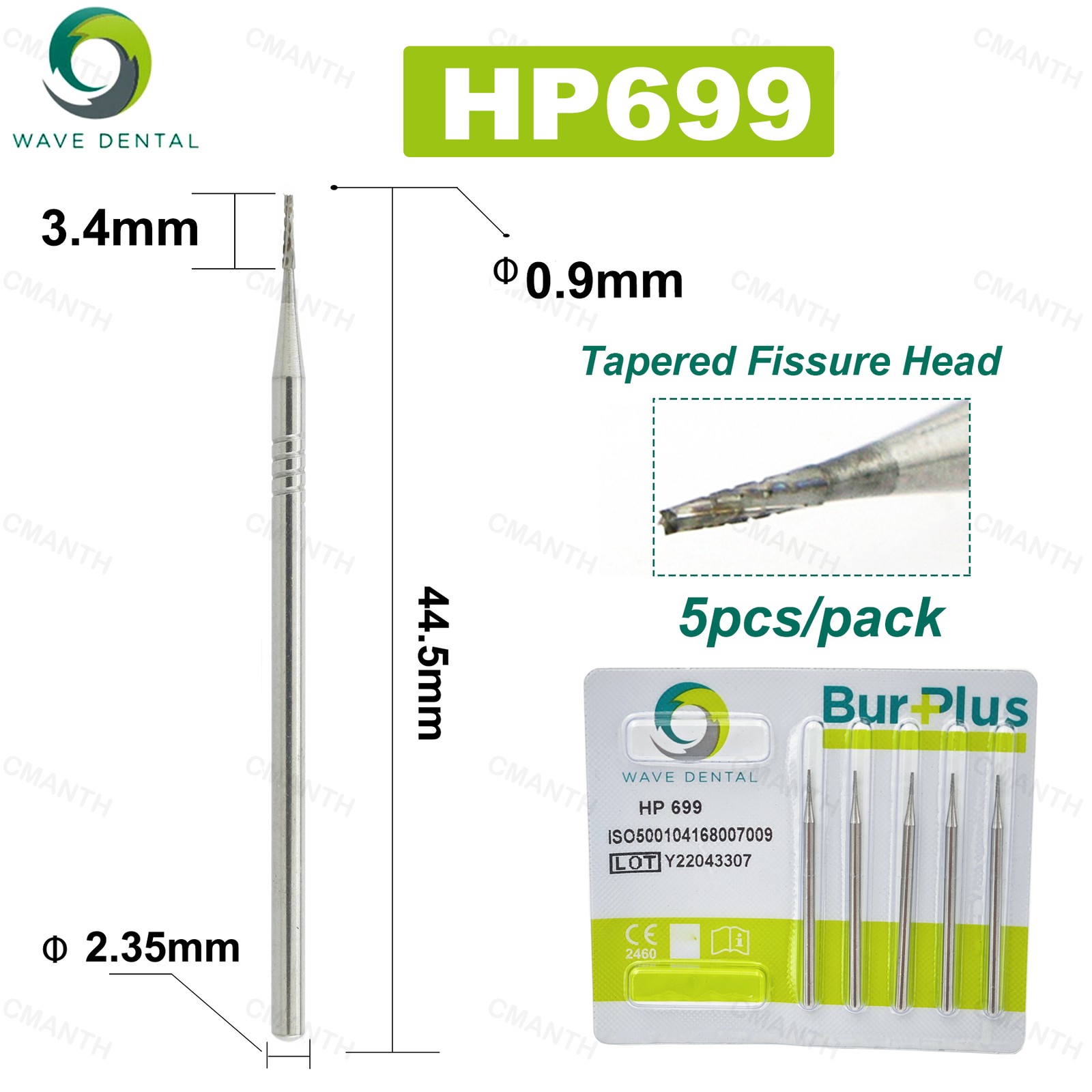 US WAVE Dental Tungsten Carbide Burs Low Speed Bur Tapered Fissure Dia 2.35mm