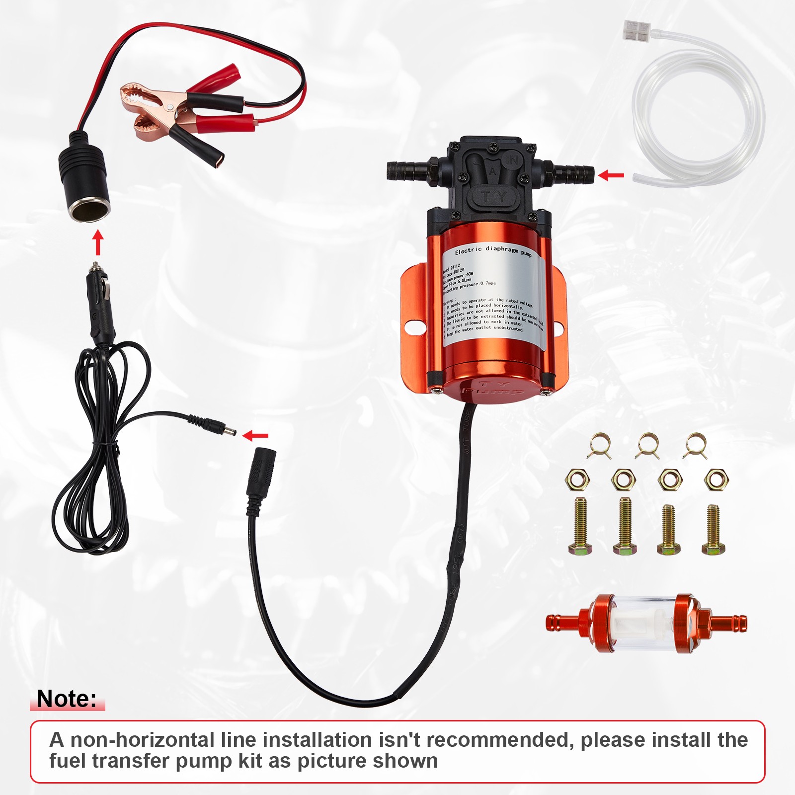 12V Electric Fuel Transfer Pump Kit For Gas Diesel w/ Hose Clips Cables 120GPH