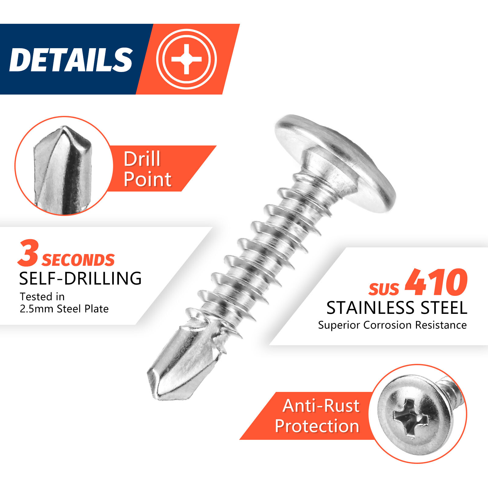 400Pcs #8 x 3/4″ Truss Head Sheet Metal Screws 410 Stainless Steel Self-Drilling