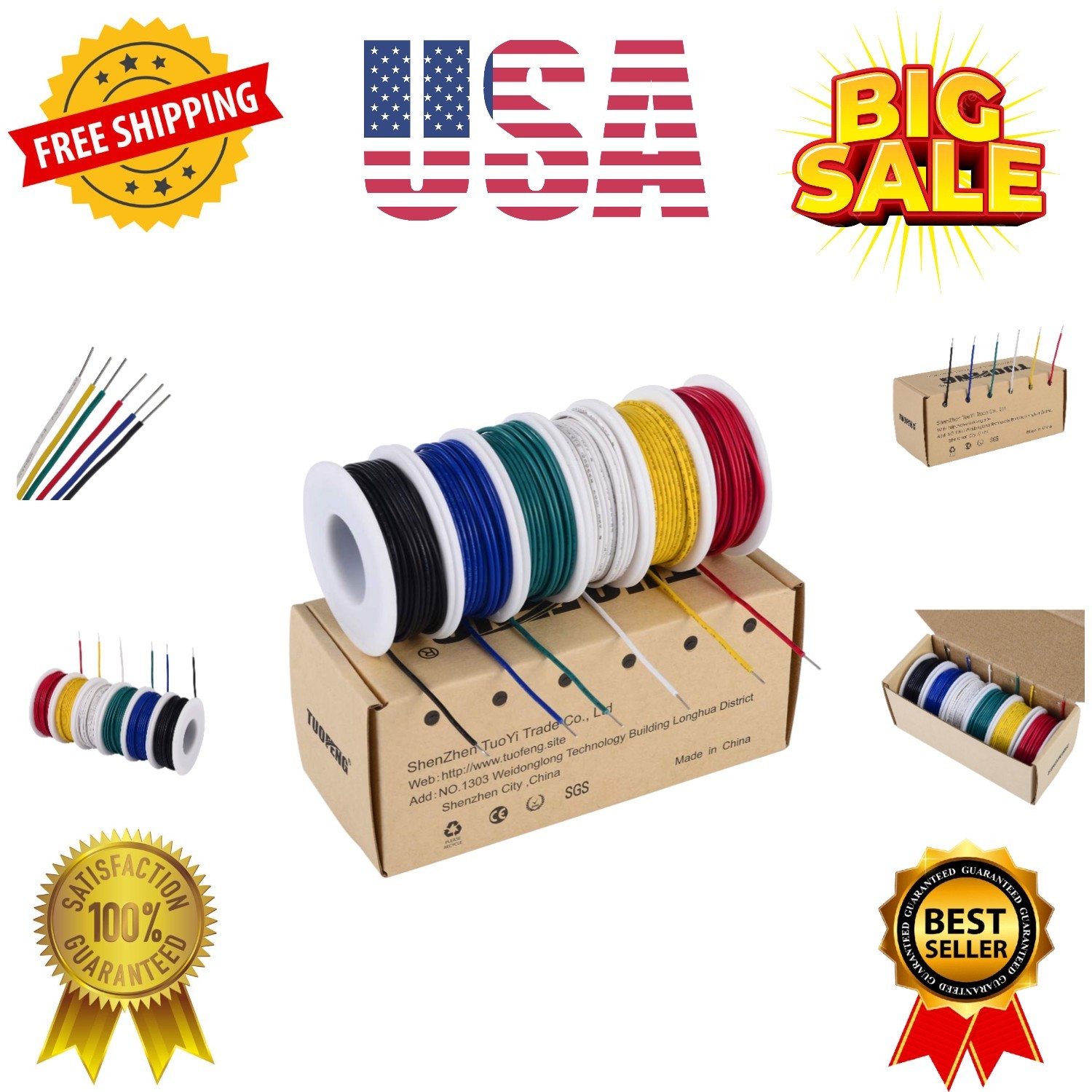 22 AWG Wire Solid Core Hookup Wire, 6 Different Colored Breadboard Wires 30ft…