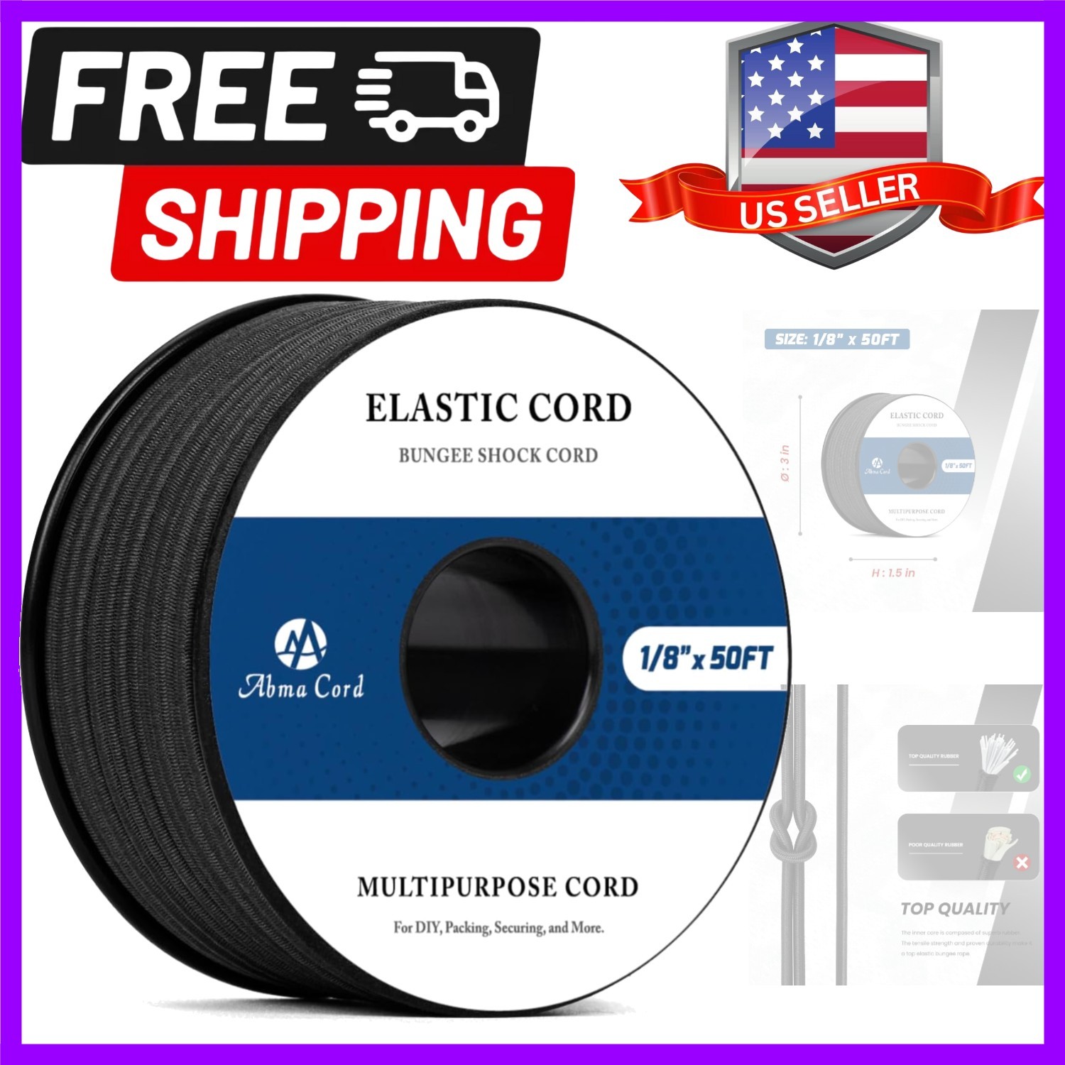 Bungee Cord 1/8in x 50ft Elastic Shock Cord 100% Stretch Elastic Bungee Rope …