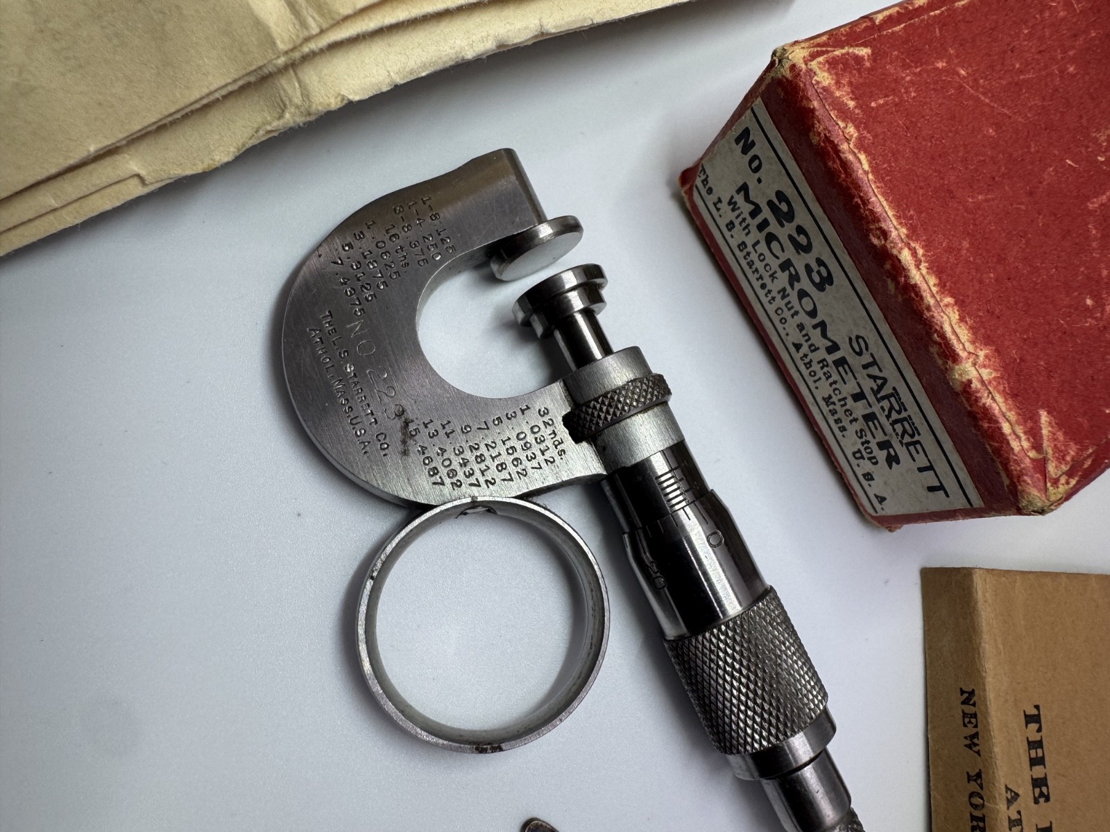 Starrett No. 223RL Paper Micrometer Complete w/ Case Manual Wrench Excellent USA