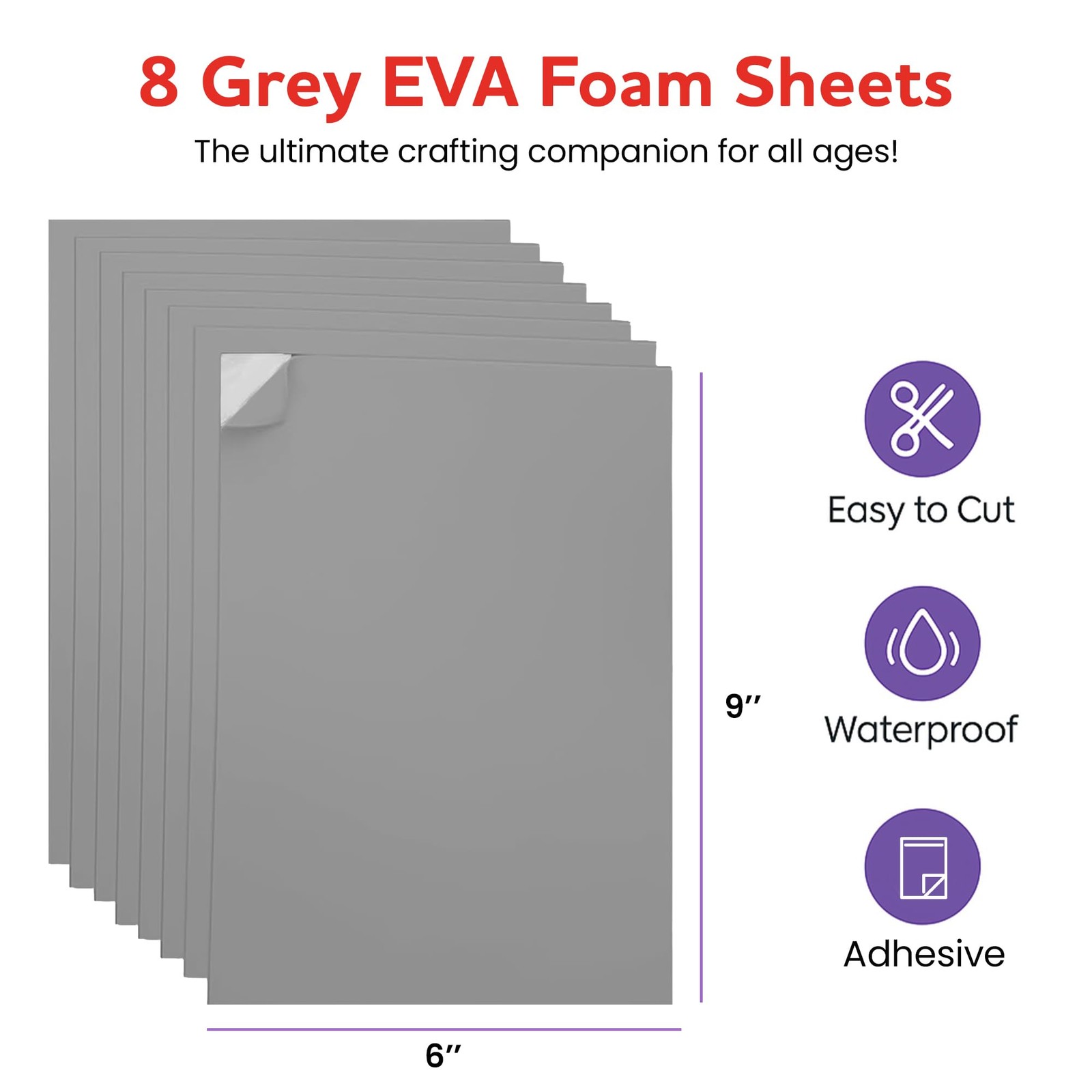 Self-Adhesive EVA Foam Sheets for Crafts – 2mm 6 x 9 inches, Grey – 8 Pack
