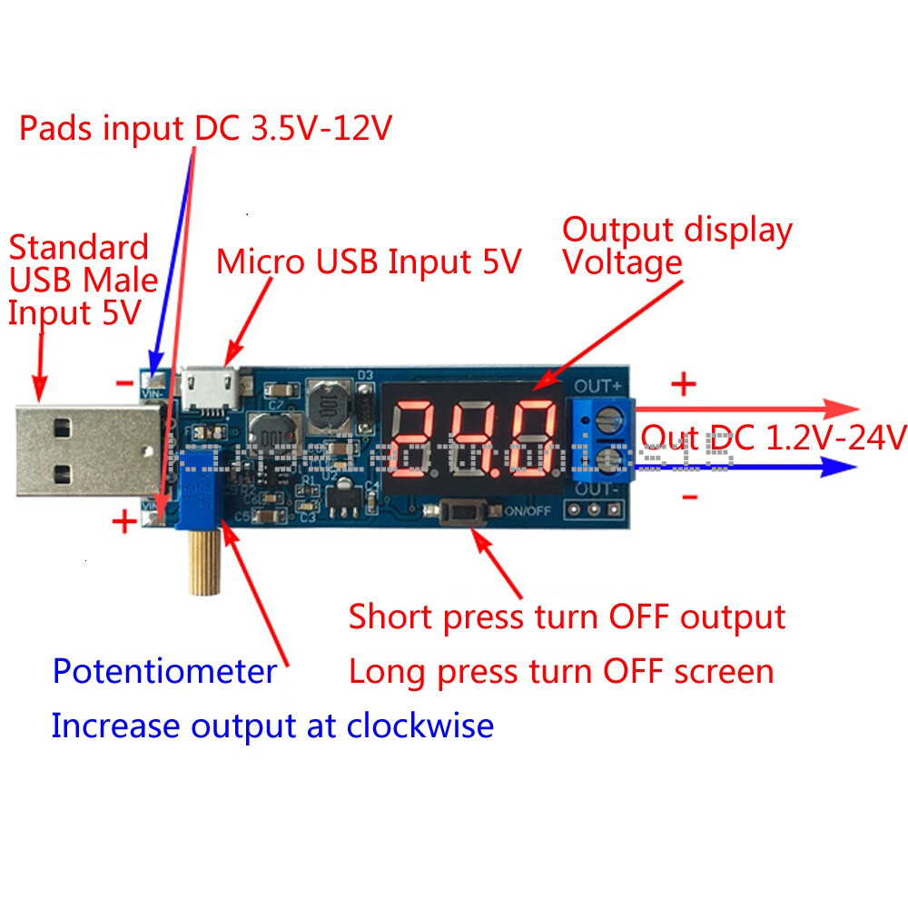 DC-DC 5V to 1.2V-24V USB Step Up Down Adjustable Converter Power Supply Module