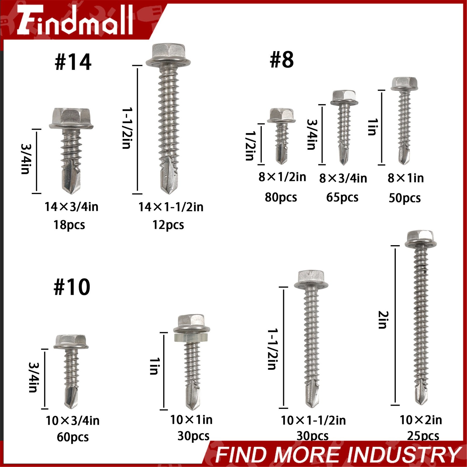 370Pcs #8#10#14 Self Drilling Screws Assortment Kit,410 Stainless Steel