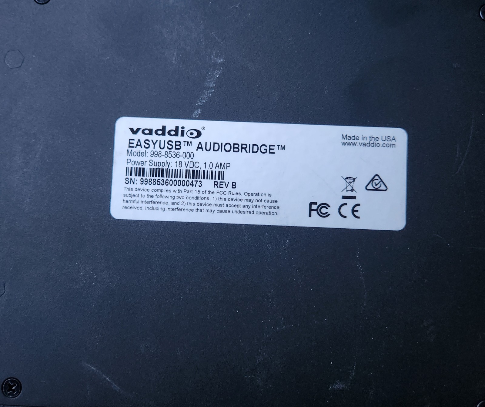 Vaddio 998-8536-000 EasyUSB AudioBRIDGE Analog Audio to USB Converter With Power