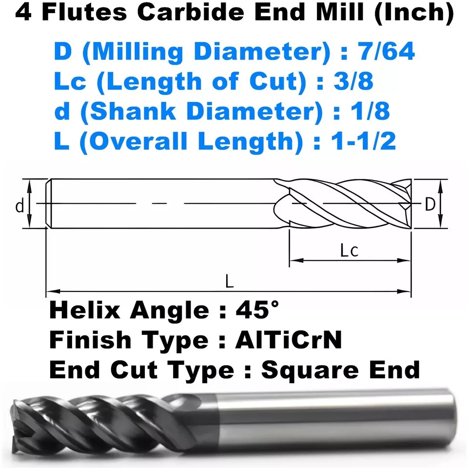 5 PCS 7/64″ 4 Flutes Square 45° Helix Carbide End Mill Bits AlTiCrN Coated