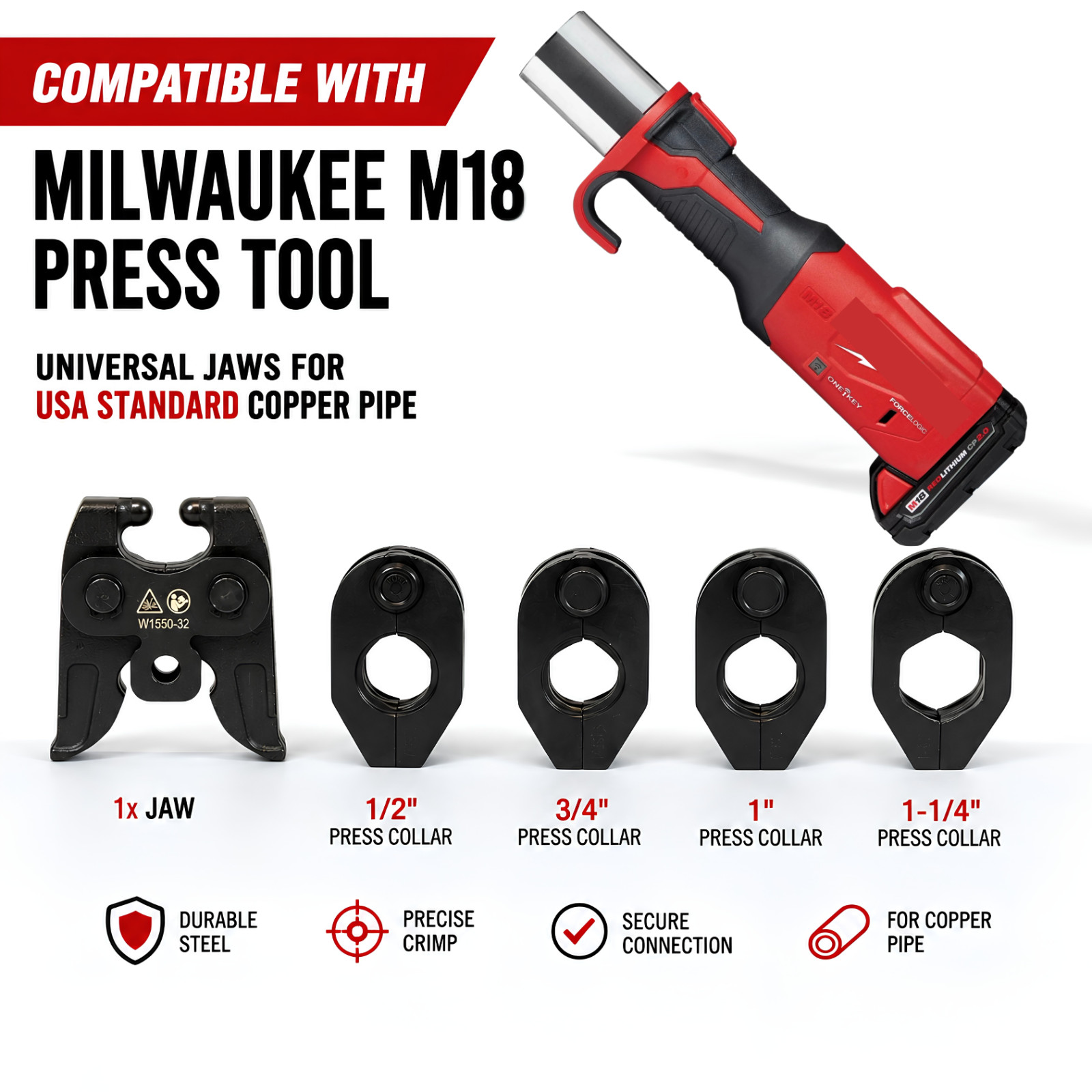 32KN Press Jaw Kit Fits Milwaukee M18 ProPress CTS Copper Fittings 1/2″-1-1/4″