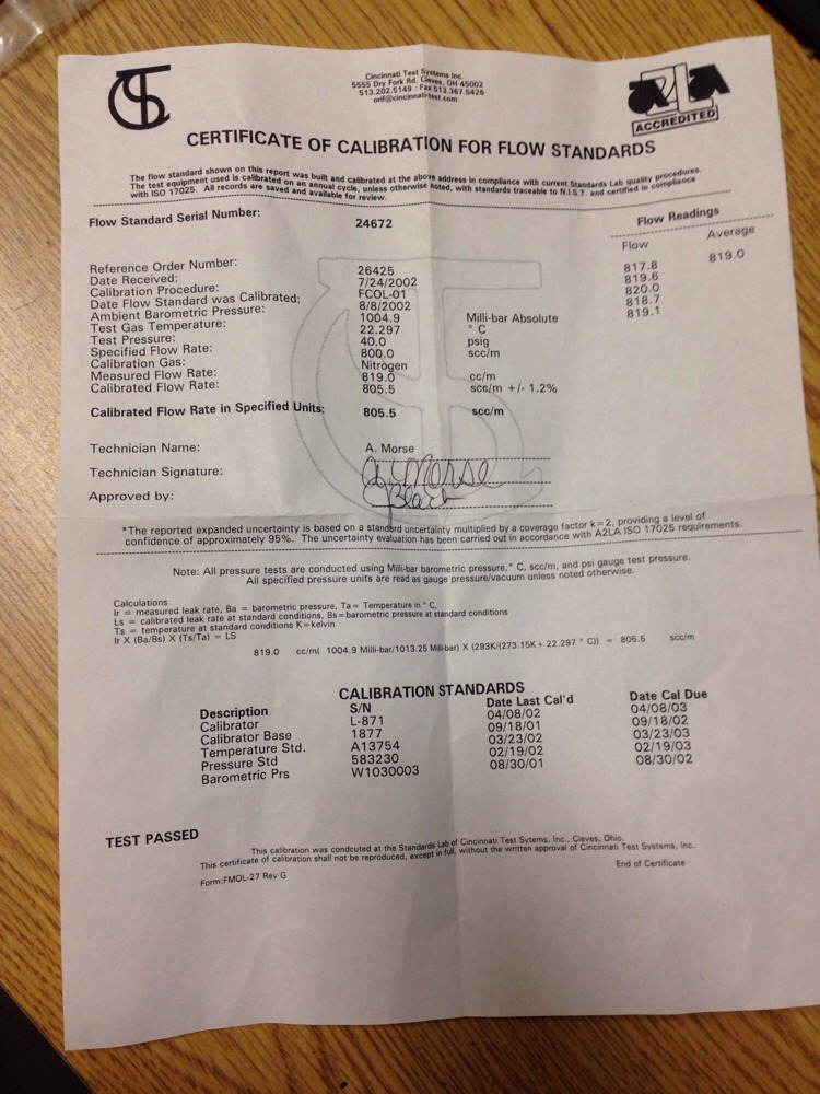 Cincinnati Test Systems 520-800.0scc/m-40.0psig-21, EX0800CCM40PSI-21 #1645Q1