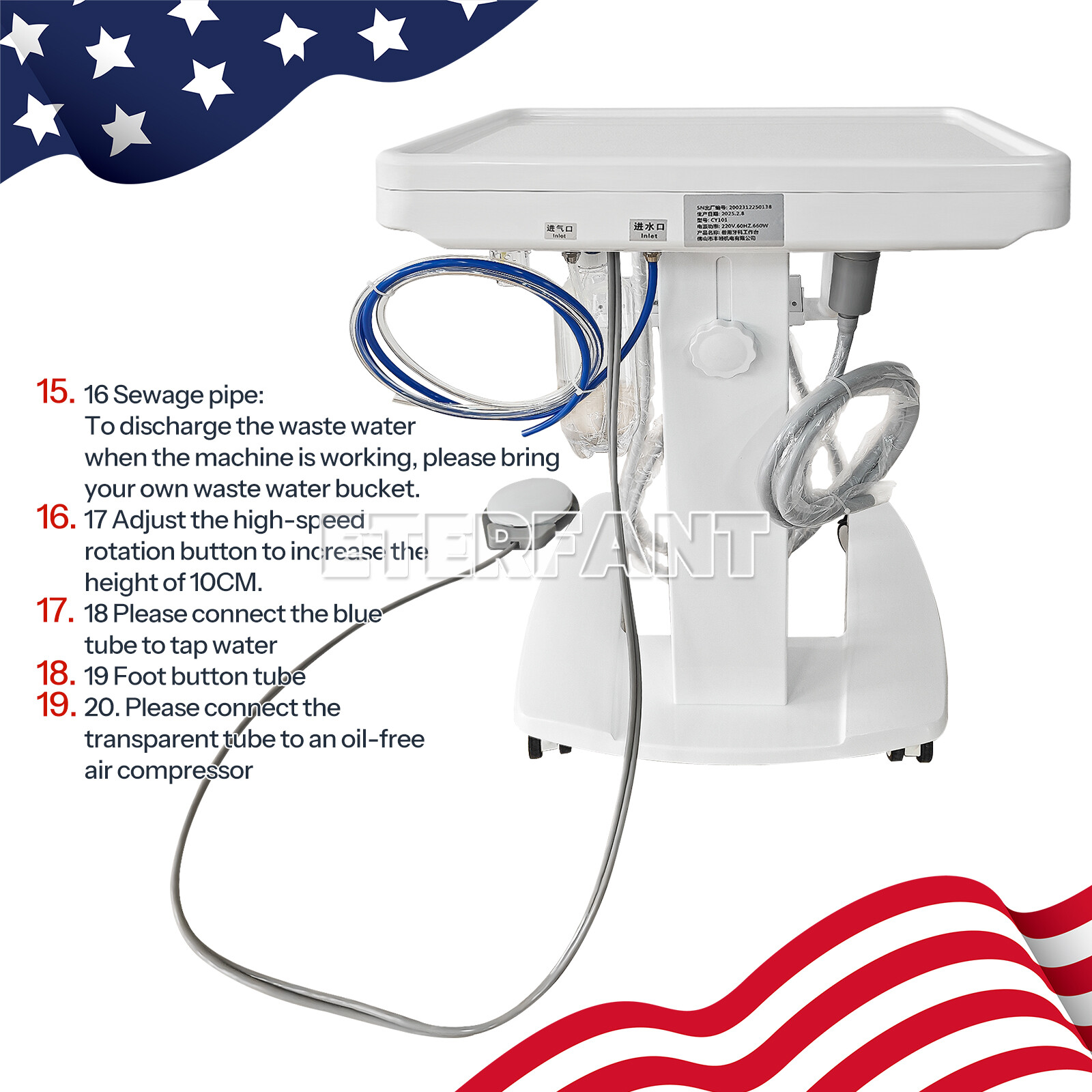 4Hole Dental Portable Mobile Delivery Unit System Cart Treatment Work Compressor