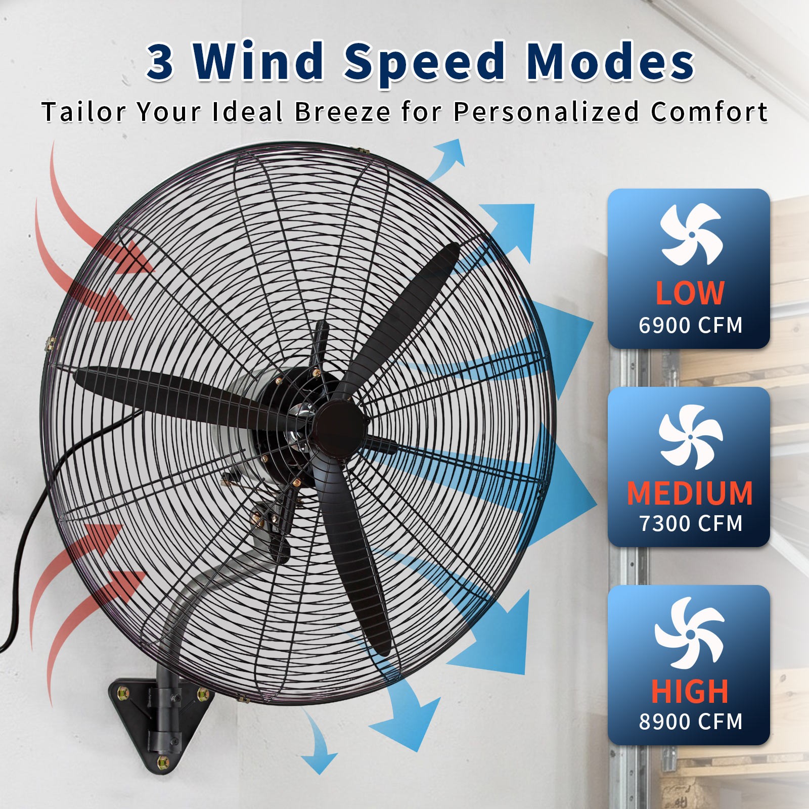 30″ In Wall Mount Oscillating Fan High Velocity 3 Speed Heavy Duty Metal Fan