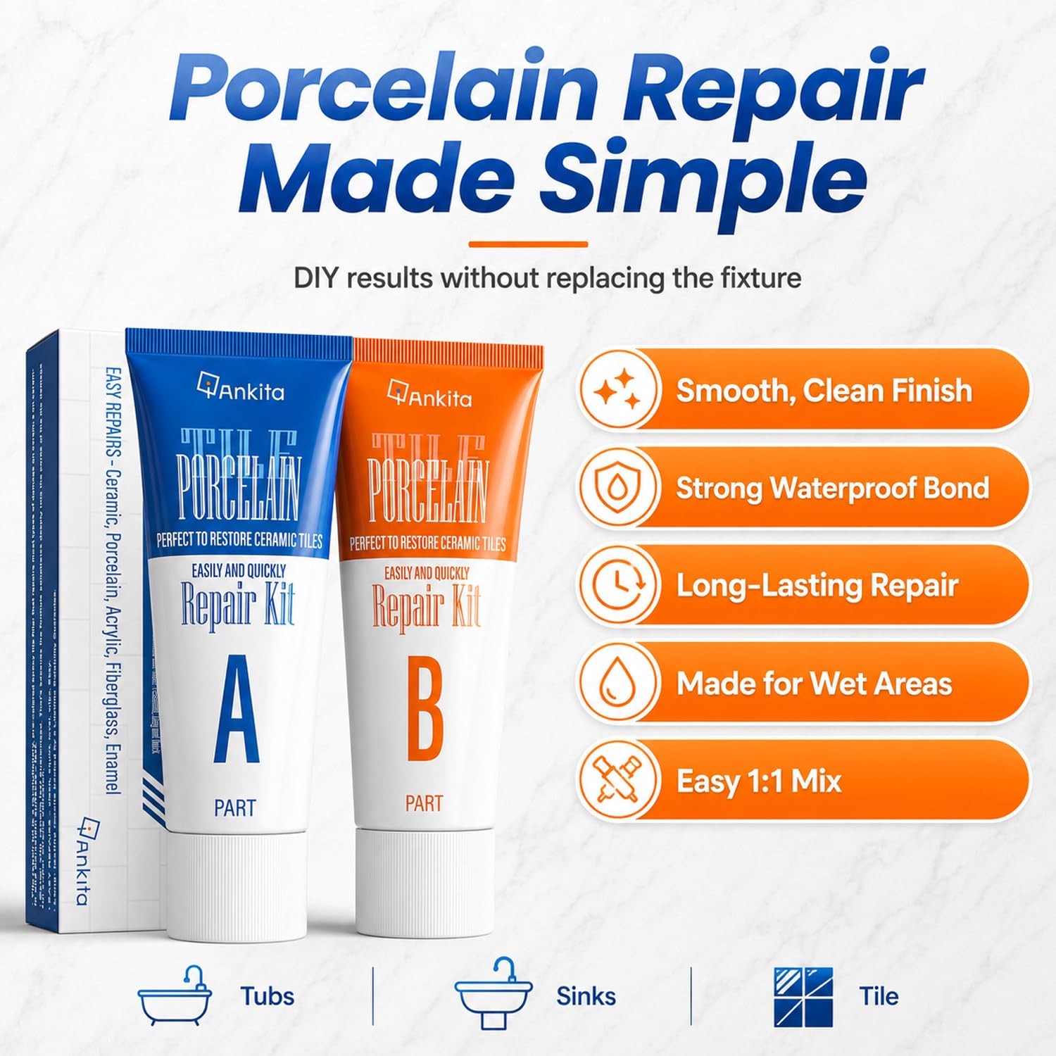 Porcelain Repair Kit White, High-Gloss Chipped Repair, No.01 White
