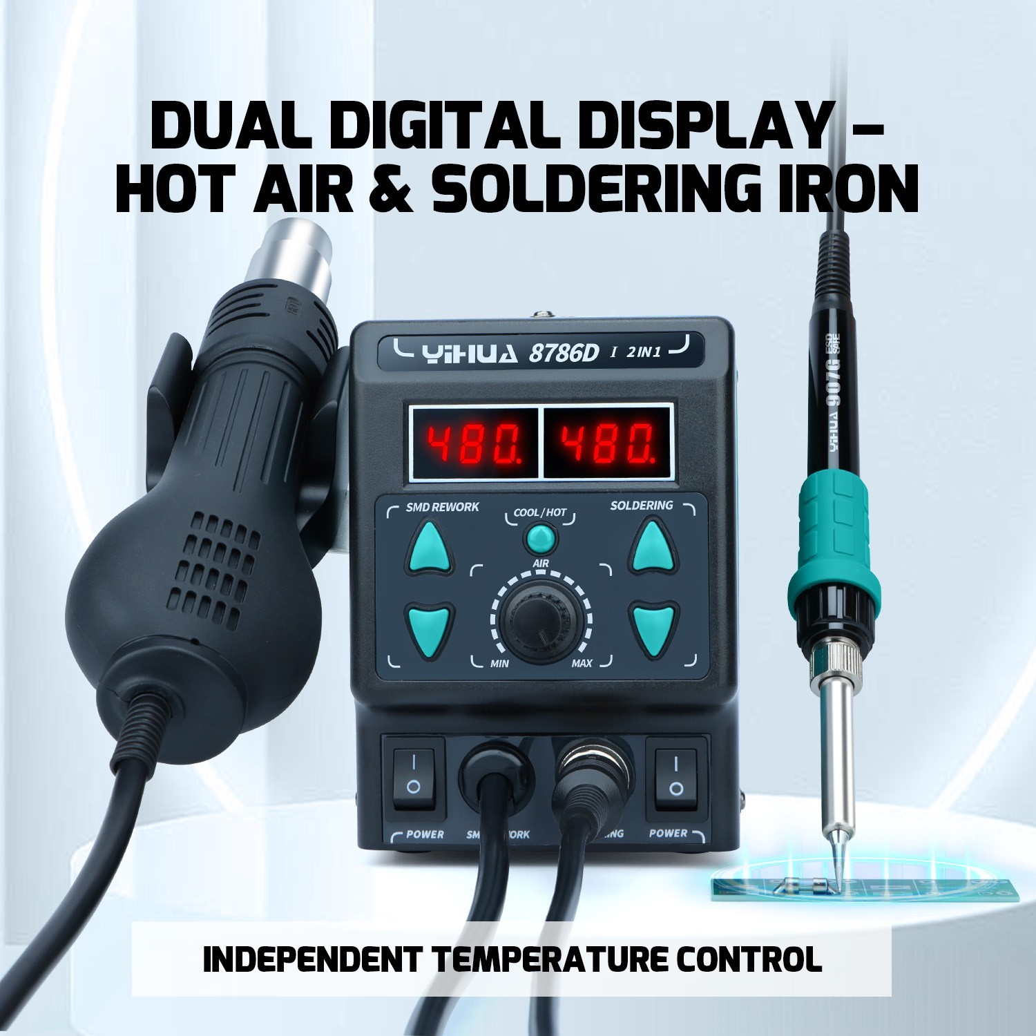 YIHUA 8786D-I Digital Hot Air Rework Station with Soldering Station Complete Kit