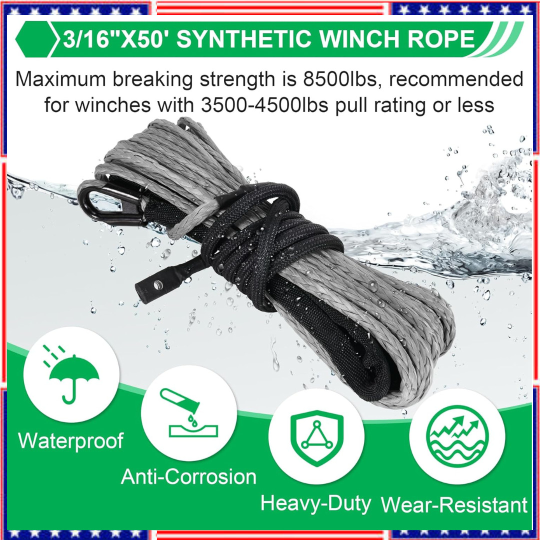 Synthetic Winch Rope Kit 3/16 Inch x 50 Feet 6000 lbs Winch Cable Line