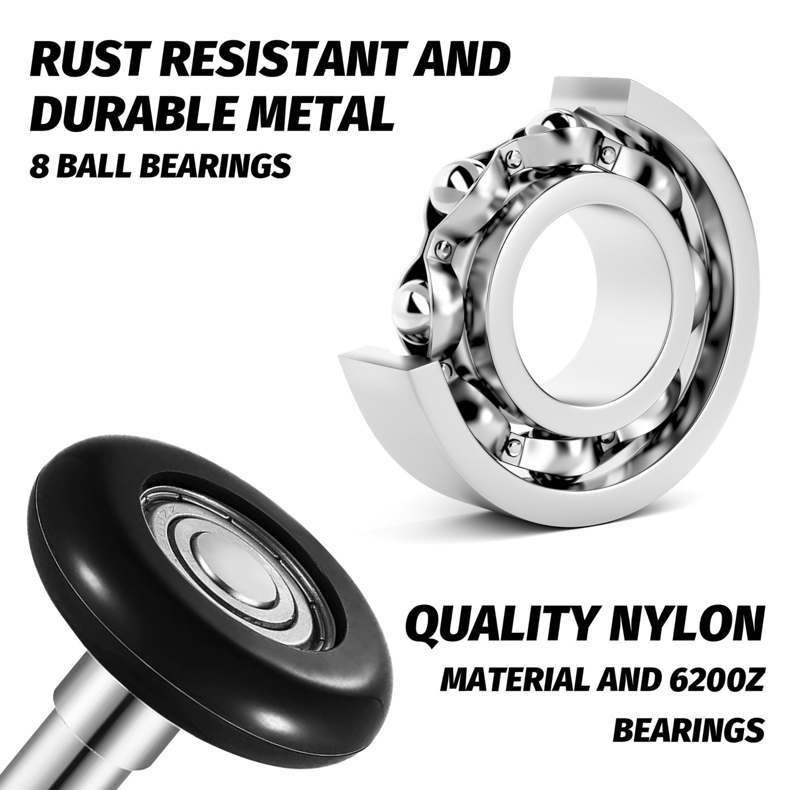 Durable & Quite 6200ZZ Ball Bearing Nylon Garage Door Castors with 11 Balls, 10.2 cm…