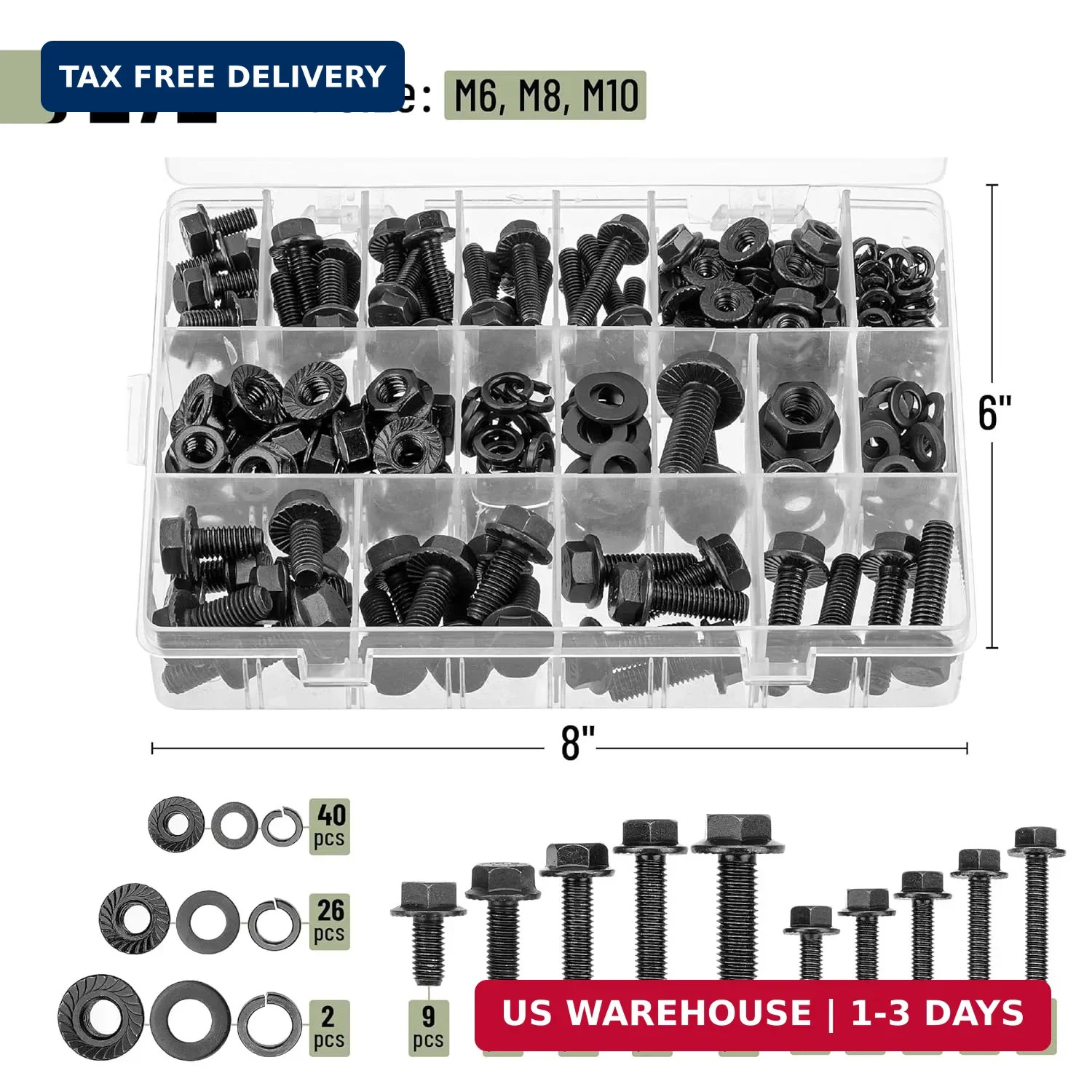 Nuts and Bolts Assortment Kit, 272 pcs, Black Carbon Steel | Grade 10.9, M6, M8
