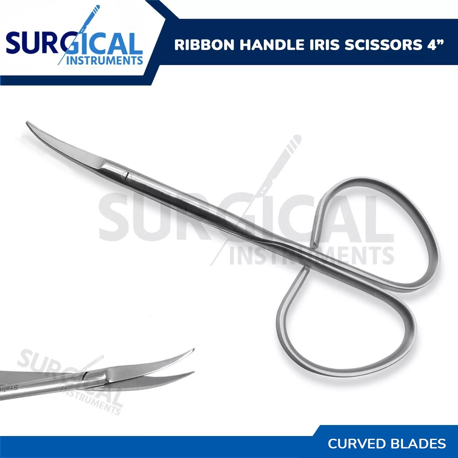 Ribbon Handle Iris Scissors Surgical Instruments Curved 4″ German Grade