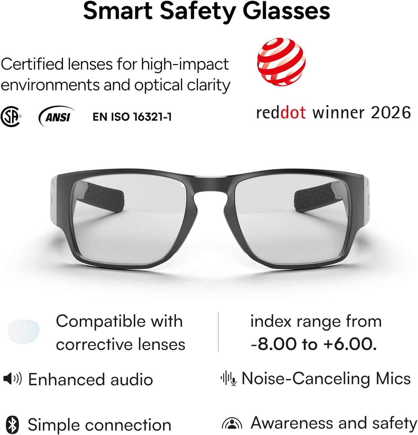 Armor Smart Safety Glasses, TR90 Frame, Light Adaptive Lenses, Open Ear Speakers