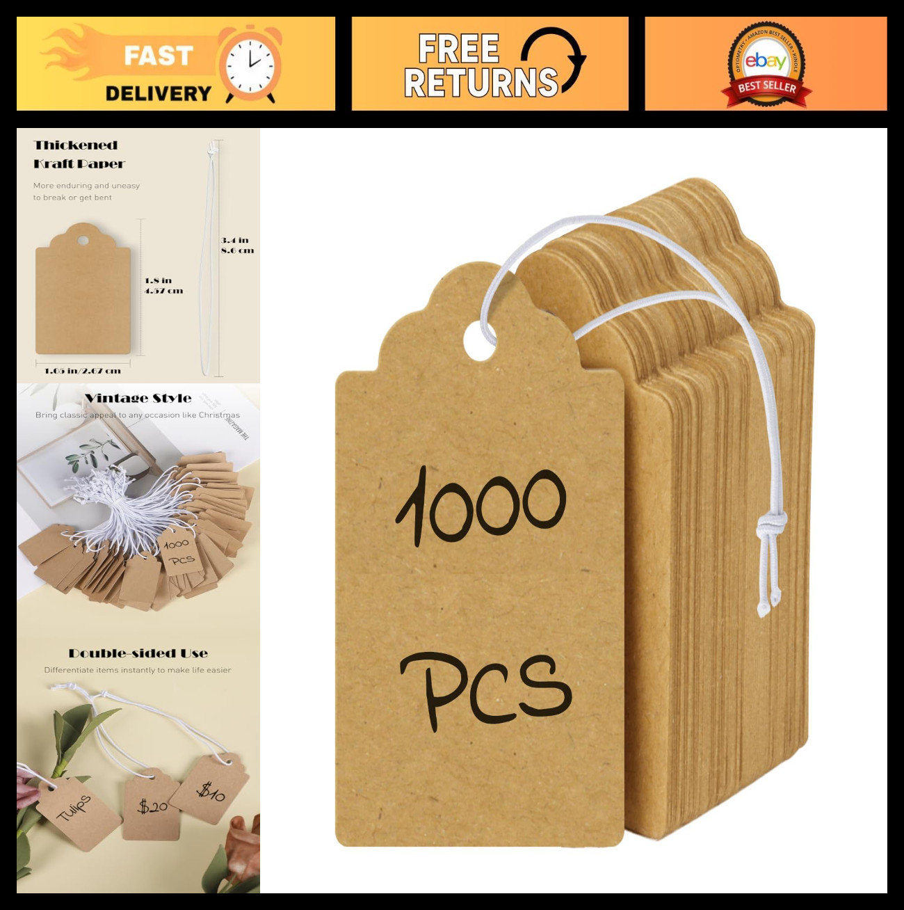 1000 Pcs Kraft Price Tags with Elastic String – Writable Brown Hang Tags for Clo