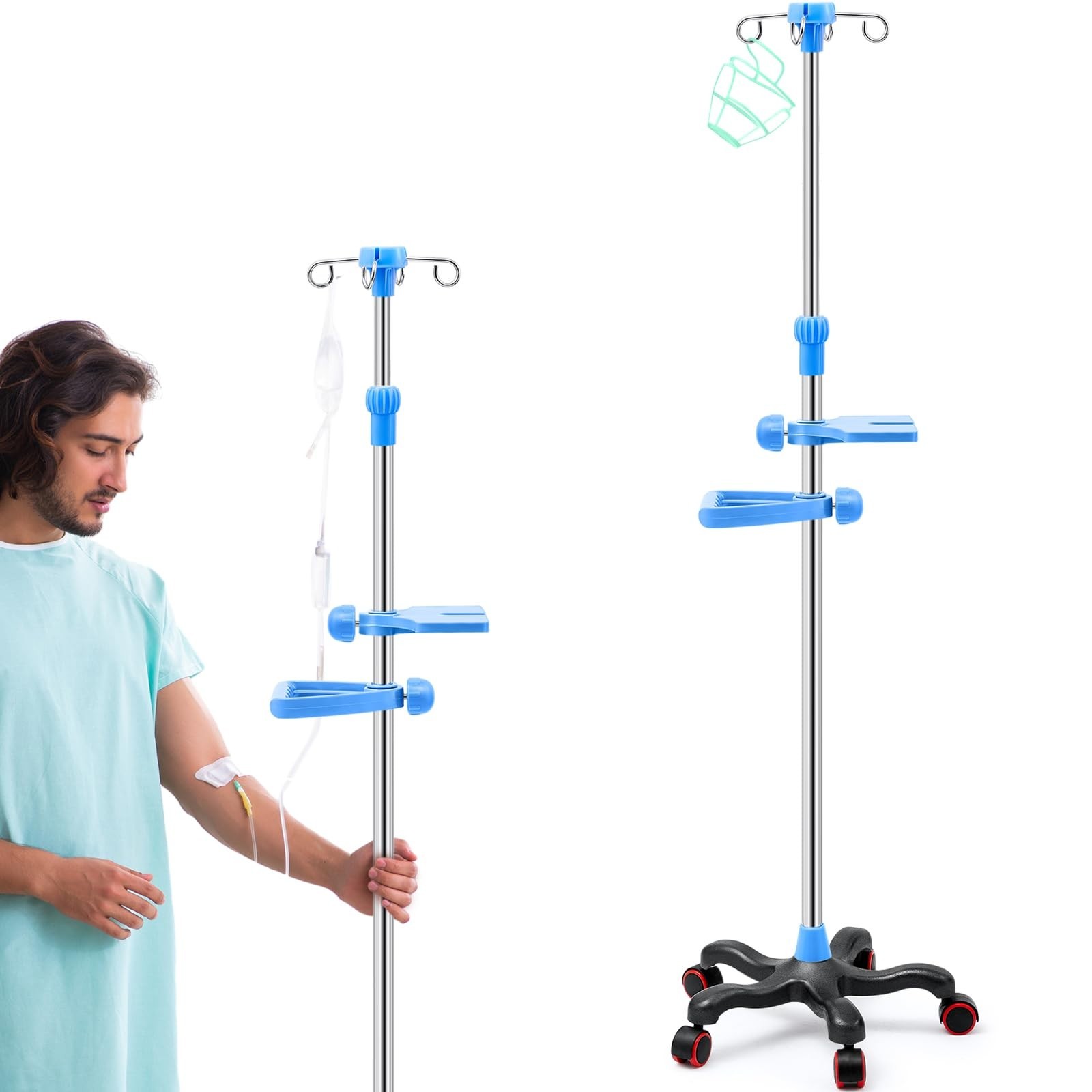 Adjustable IV Pole with Wheels, Stainless Steel 43.3″ to 78.7″, 4 Hooks, Tray &