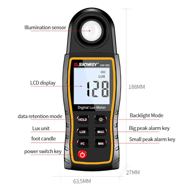 Light Lux Meter LCD photometer Illuminometer Luminometer 200,000Lux Temp light