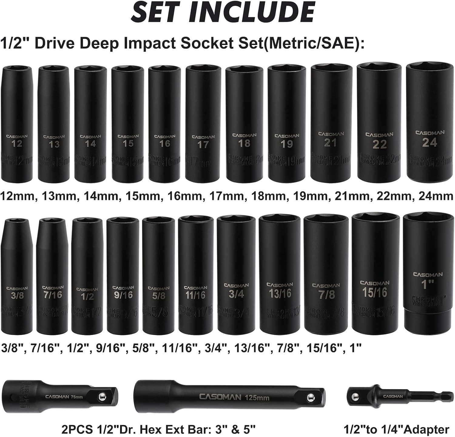 25PCS 1/2″ Drive Impact Socket Set, Deep, Cr-V Steel, 6 Point, Metric&SAE, 12mm