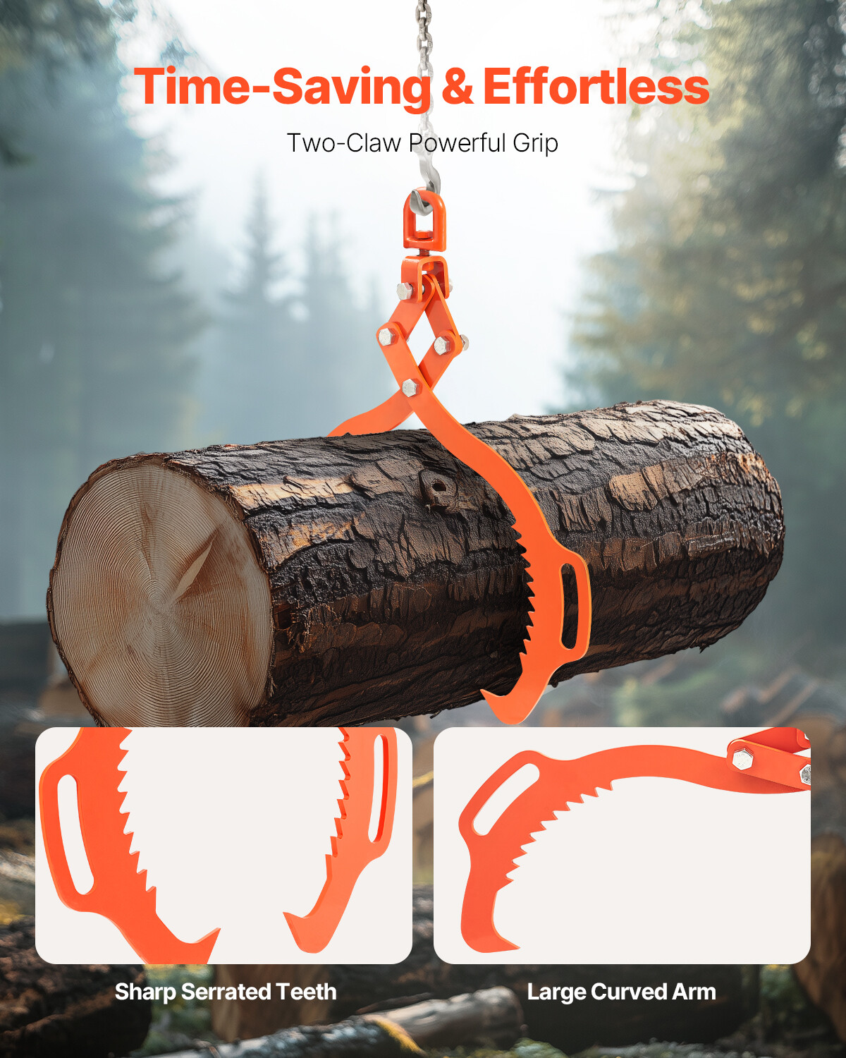 28in Log Lifting Tongs 2 Claw Solid Steel Log Grapple Swivel Log Lifter