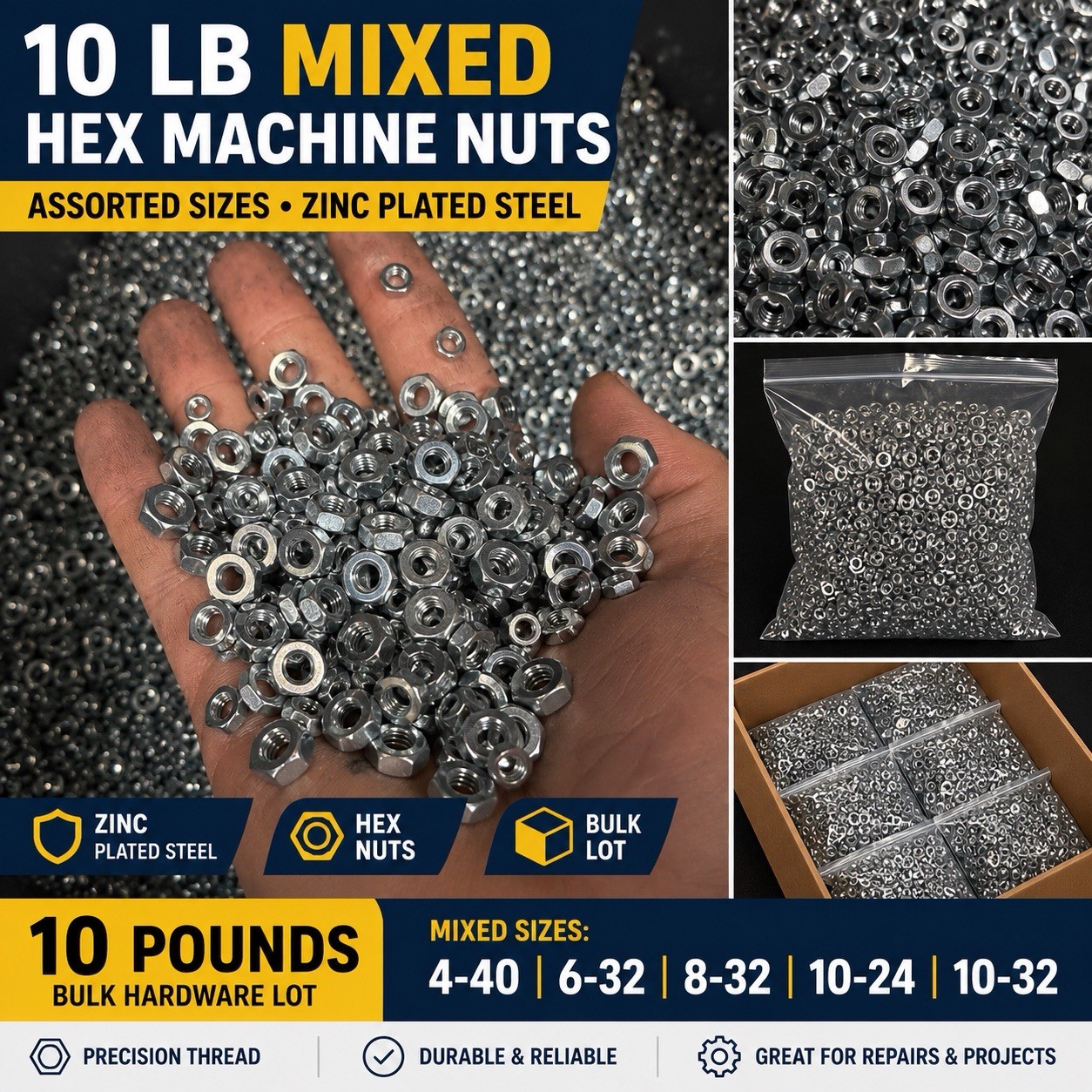 10 LB Mixed Hex Nuts Lot 4-40 6-32 8-32 10-24 10-32 Zinc Plated Steel