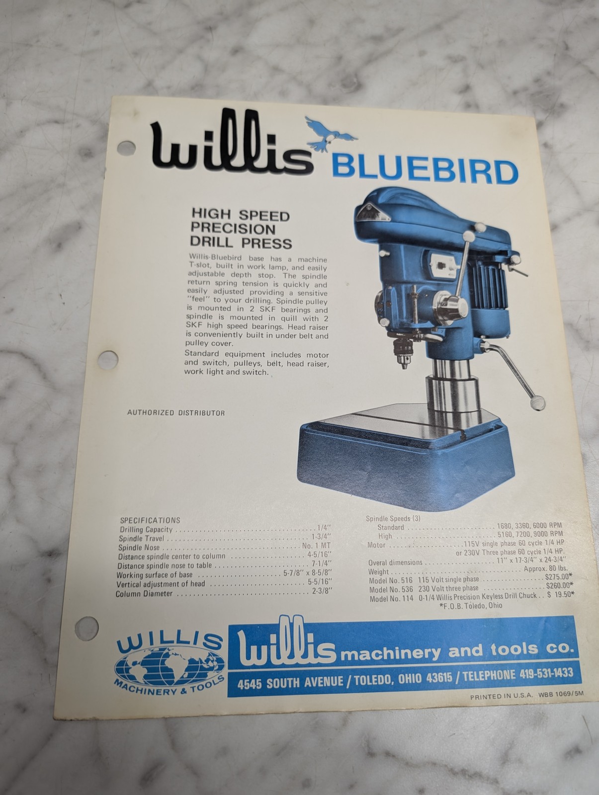 WILLIS BLUEBIRD HIGH SPEED PRECISION DRILL PRESS MODEL NO 516 536 114 BROCHURE