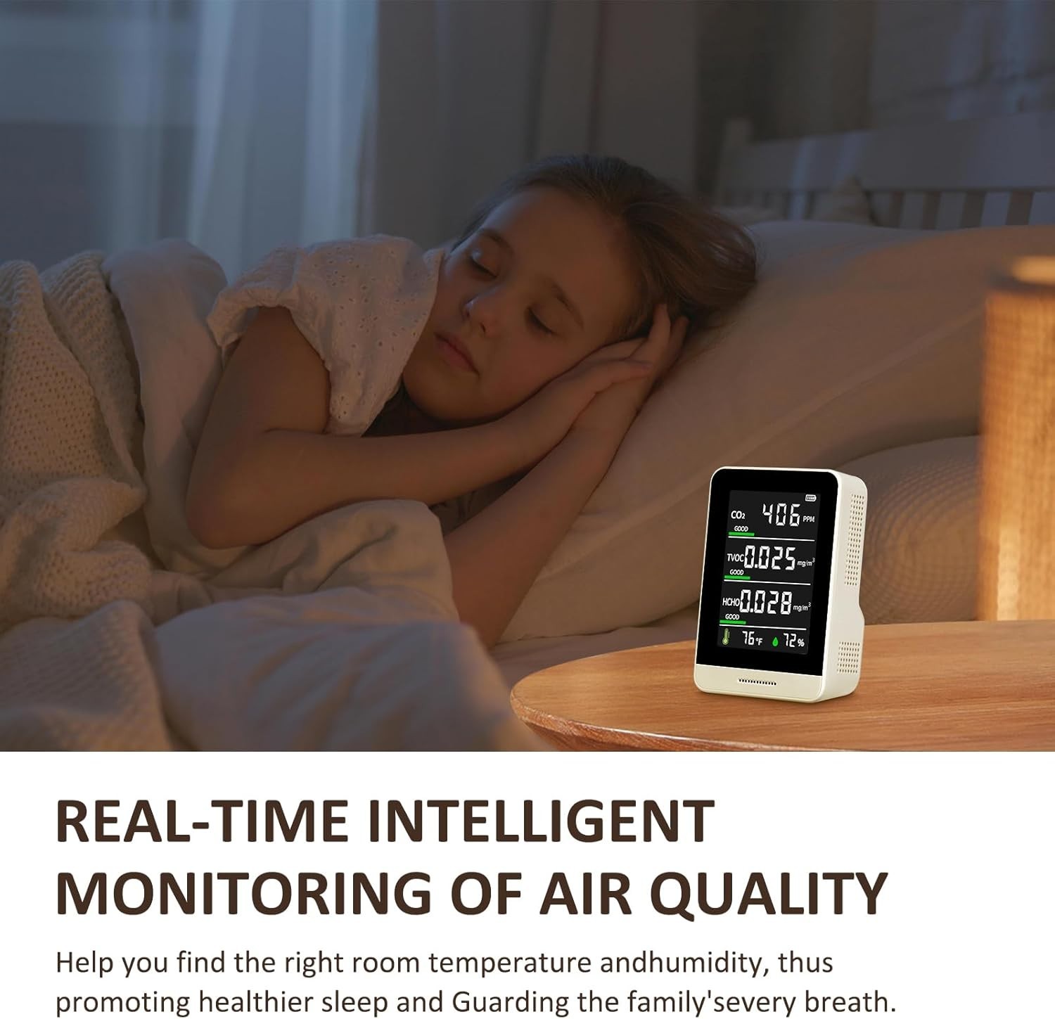 5-in-1 Air Quality Monitor Indoor for CO2/HCHO/TVOC/Temp/Hum, Portable Real-time