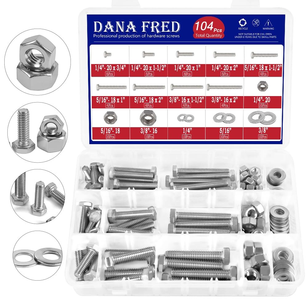 104pcs 304 Stainless Steel Bolts Nuts and Washers Kit,1/4-20,5/16-18,3/8-16 H…