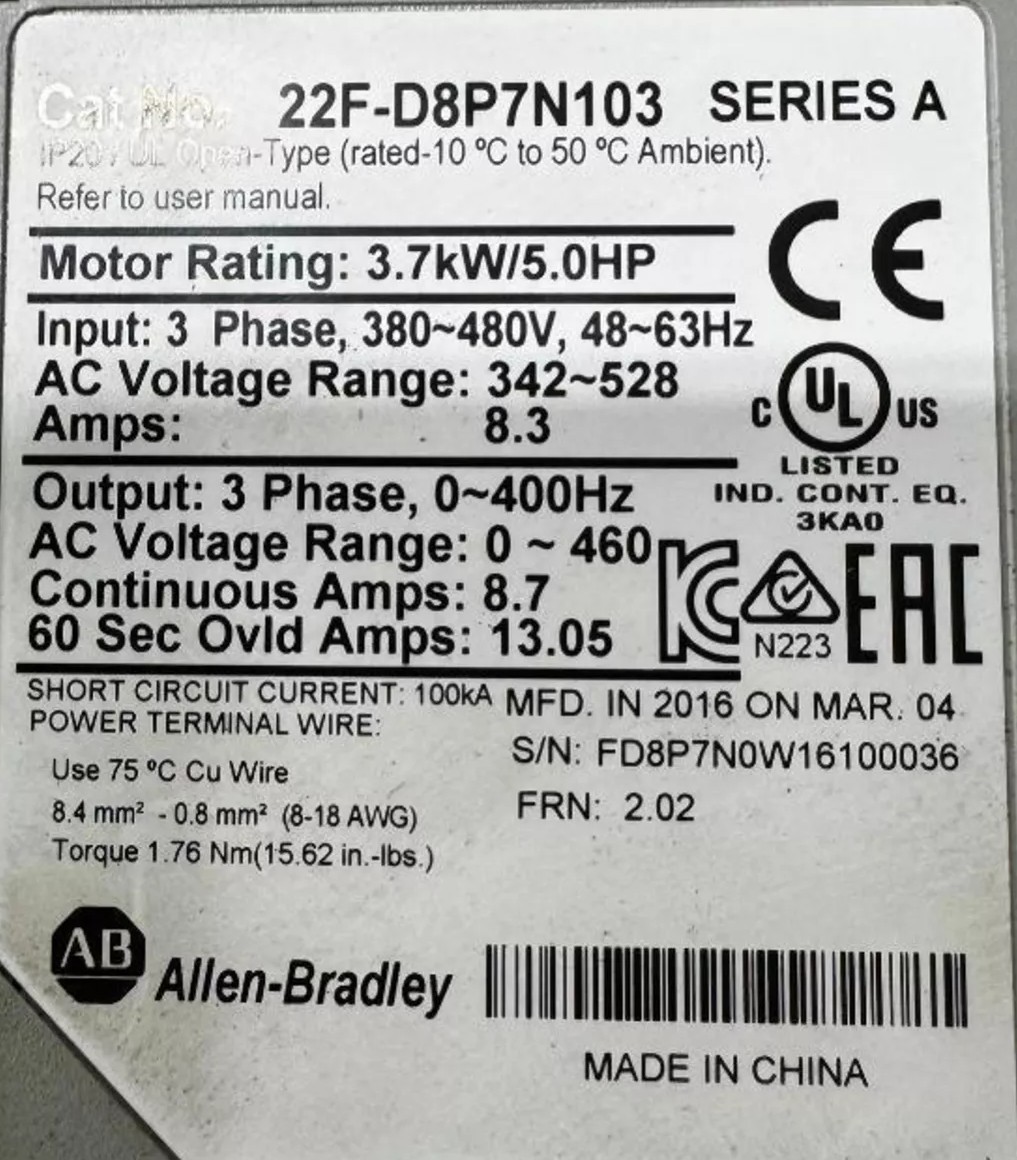 Allen Bradley Powerflex 4M AC Drive 22F-D8P7N103 Ser A FRN 2.02