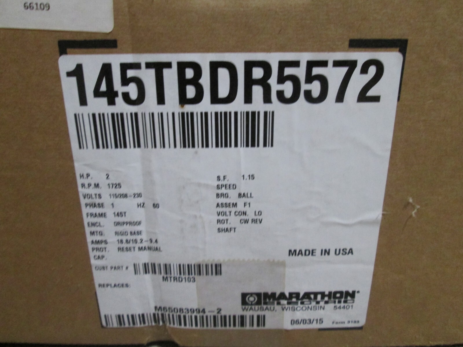 ROLAIR MTRD103 REPLACEMENT ELECTRIC MOTOR MARATHON 145TBDR5572 2 HP NEW