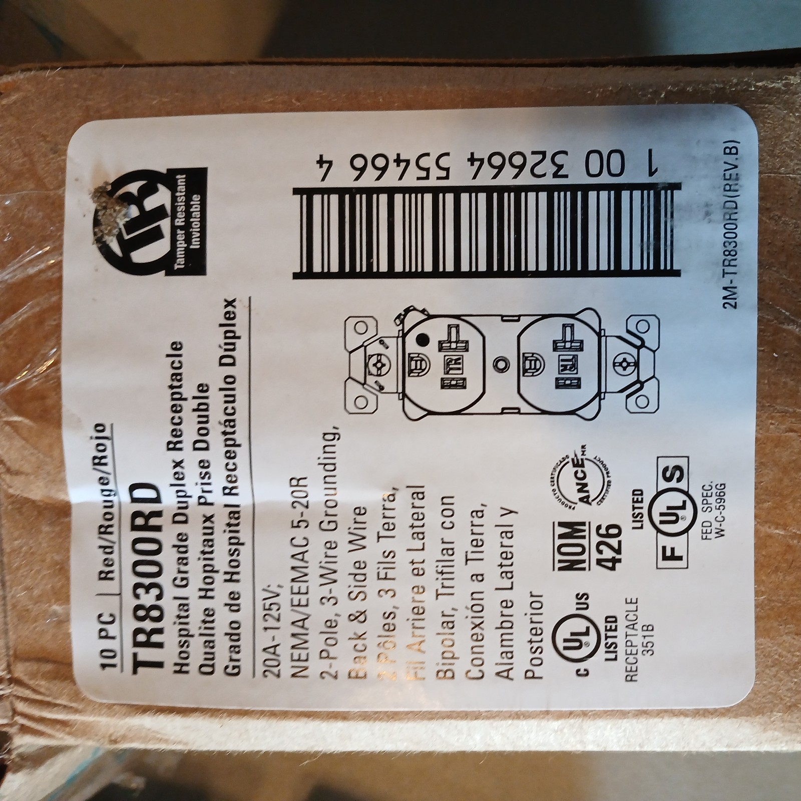 Box of 10 eaton hospital grade red TR8300RD Duplex Receptacle 20A 125V
