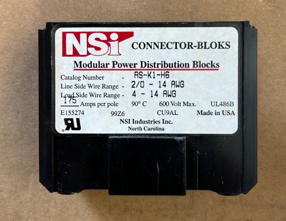 NSI Connector Bloks AS-K1-H6 2/0 – 14 Wire Terminal Power Block Gang NEW NO BOX