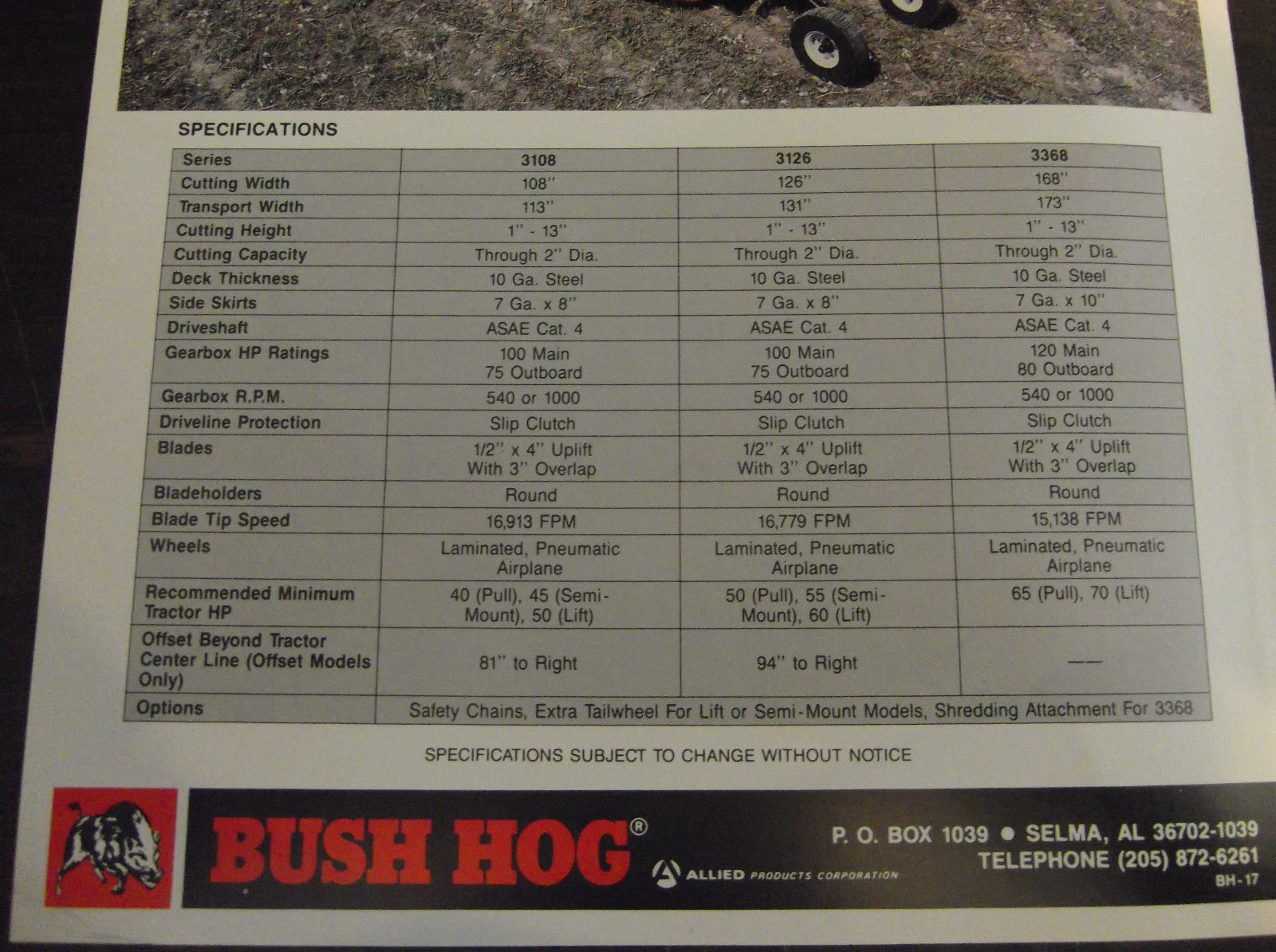 BUSH HOG 3000 SERIES ROTARY CUTTERS BROCHURE 3108 3126 3368