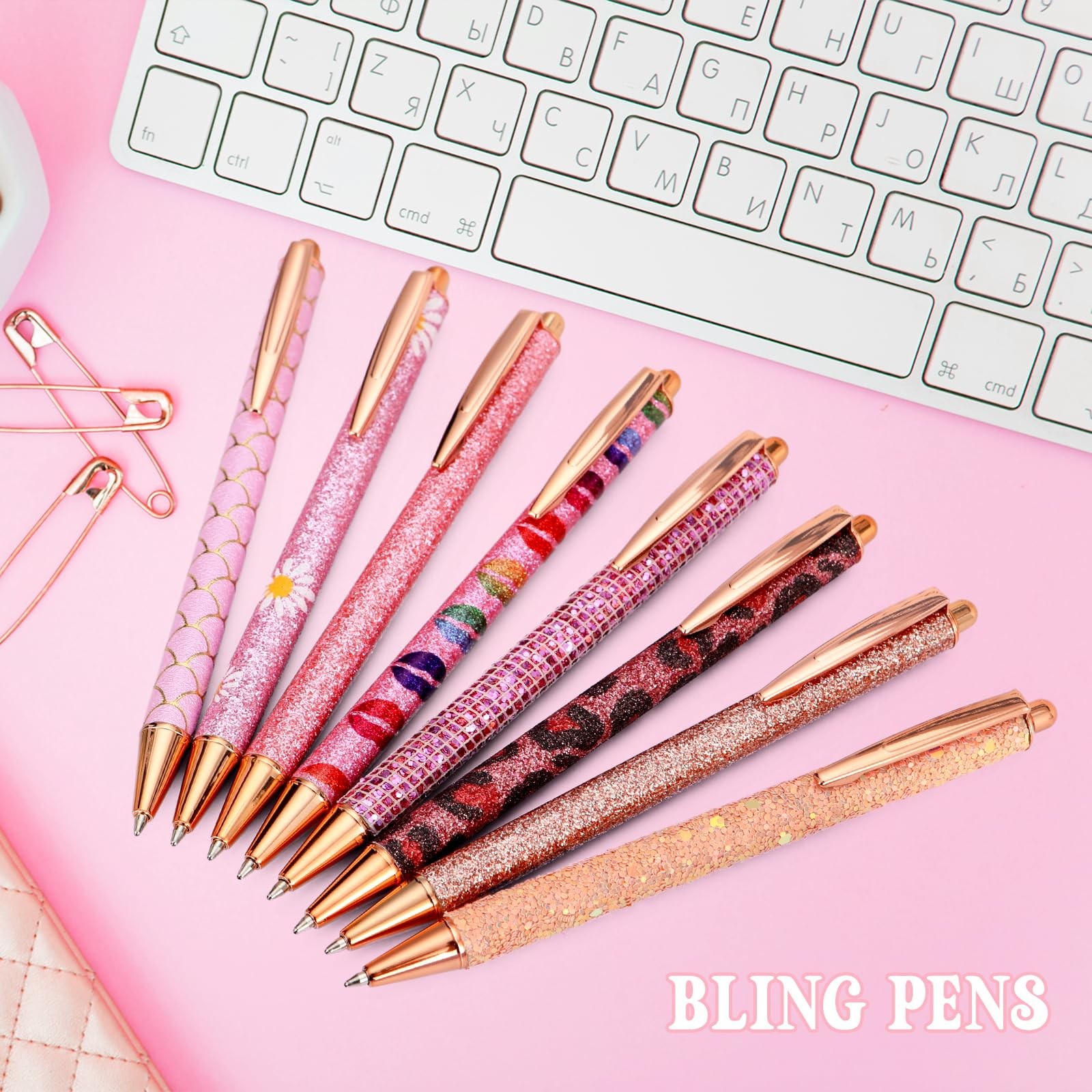 8 Pcs Pink Sparkly Pens for Women – Cute Glitter Ballpoint Pens with 10 Refil…