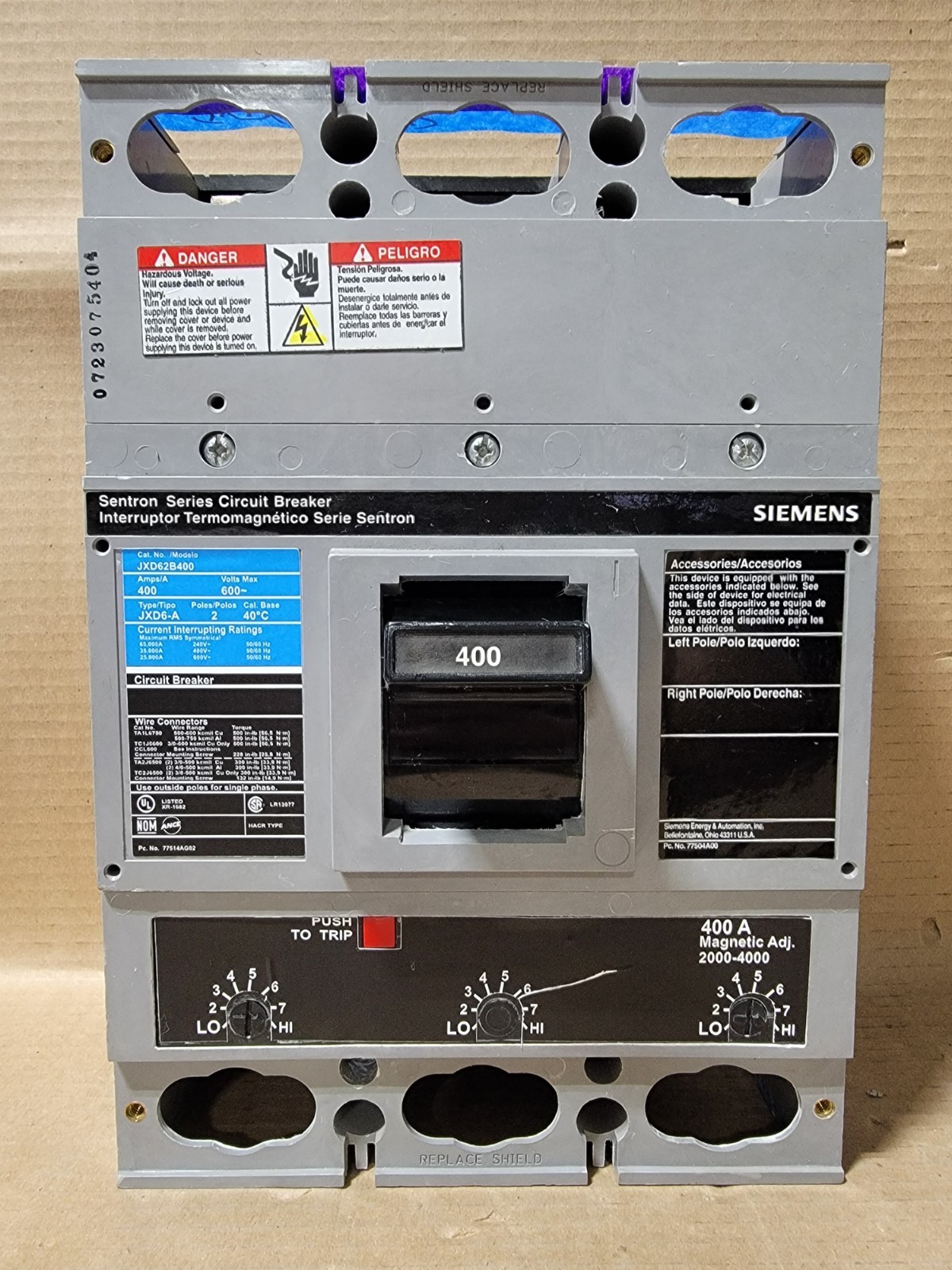 SIEMENS JXD JXD62B400 2 POLE 400 AMP 600V BLUE/BLACK LABEL CIRCUIT BREAKER