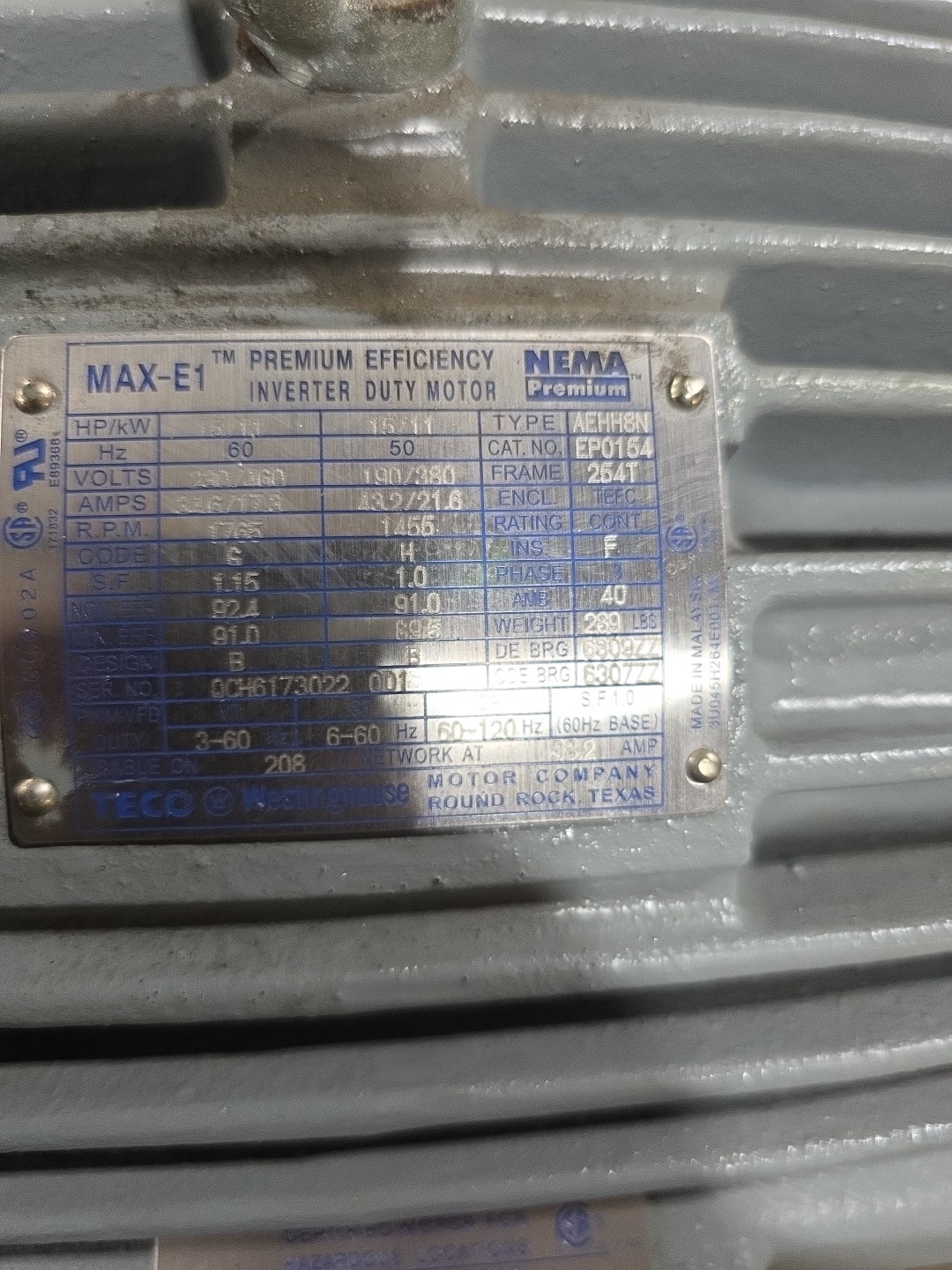 NEW TECO 15 HP FOR HAZ LOCATIONS / EP0154 230/460 VOLT 1765 RPM 254T FRAME