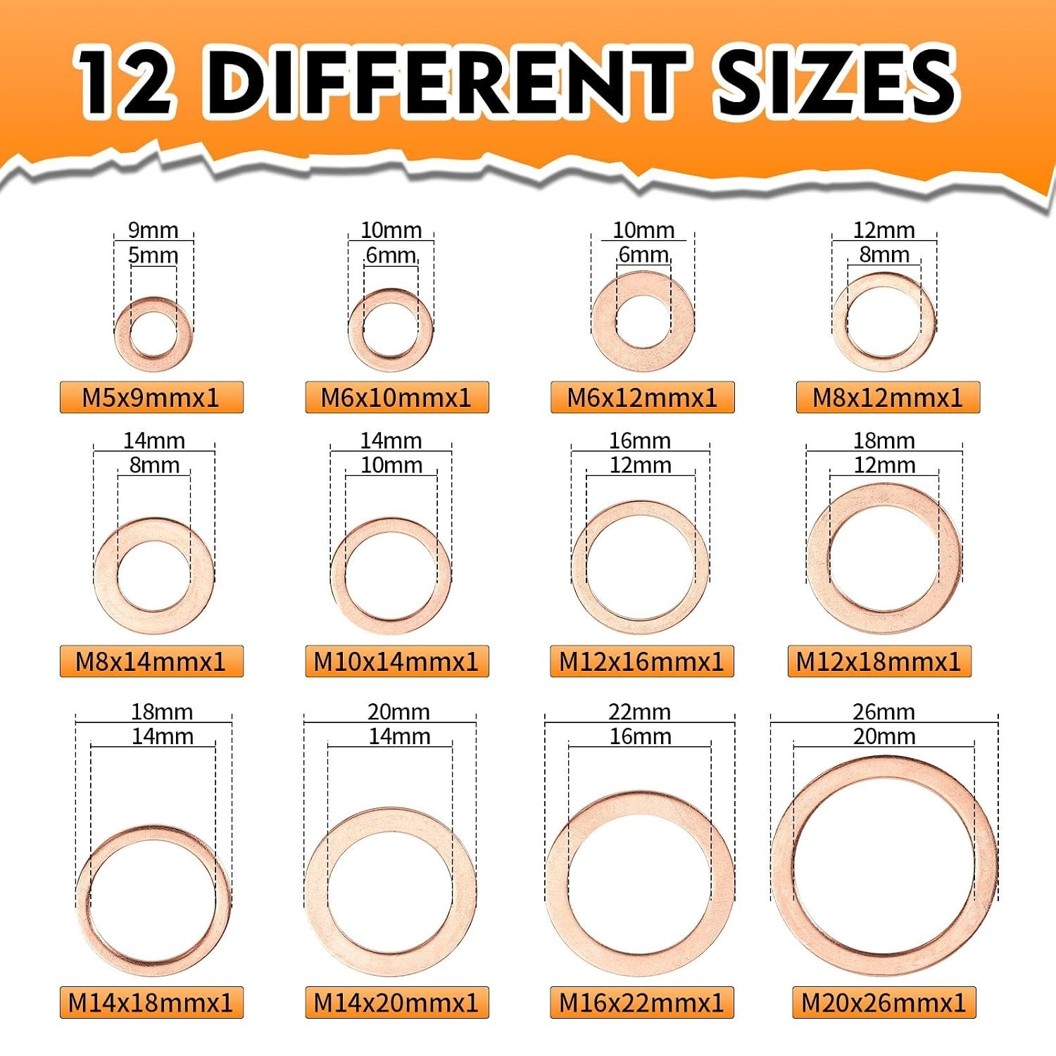 330PCS Copper Crush Washer Assortment Kit M5-M20 Metric Copper Sealing Washers