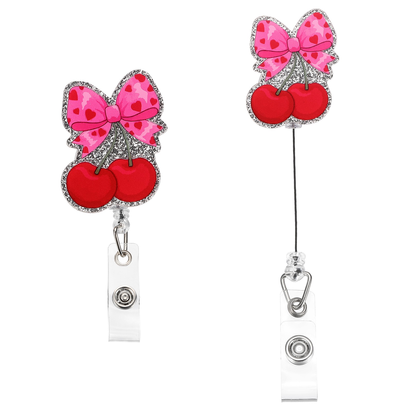 2pcs Acrylic Bow Badge Holder 1.61″x2.05″ with Retractable Cord, Silver Red-Pink