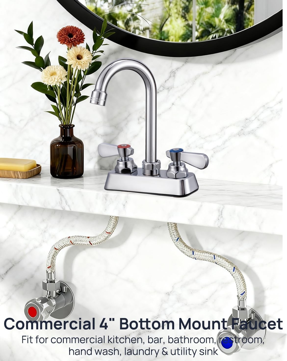Commercial 4″ Center Deck-Mount Brass Kitchen Faucet with 3.5″ Gooseneck Spout