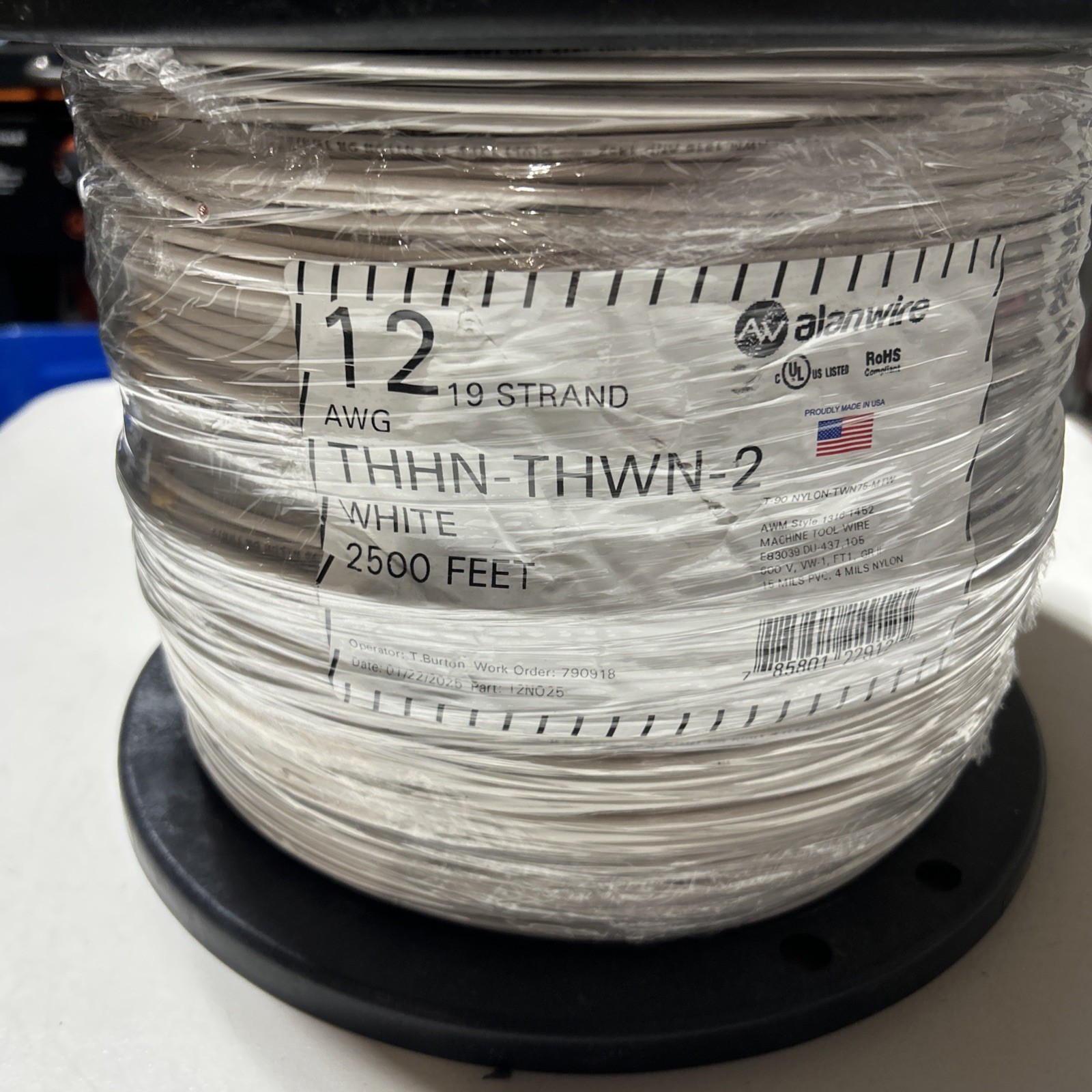 Alan Wire 12 AWG 19 Strand THHN-THWN-2 White 2500ft 600 Volts USA Made NEW !!!