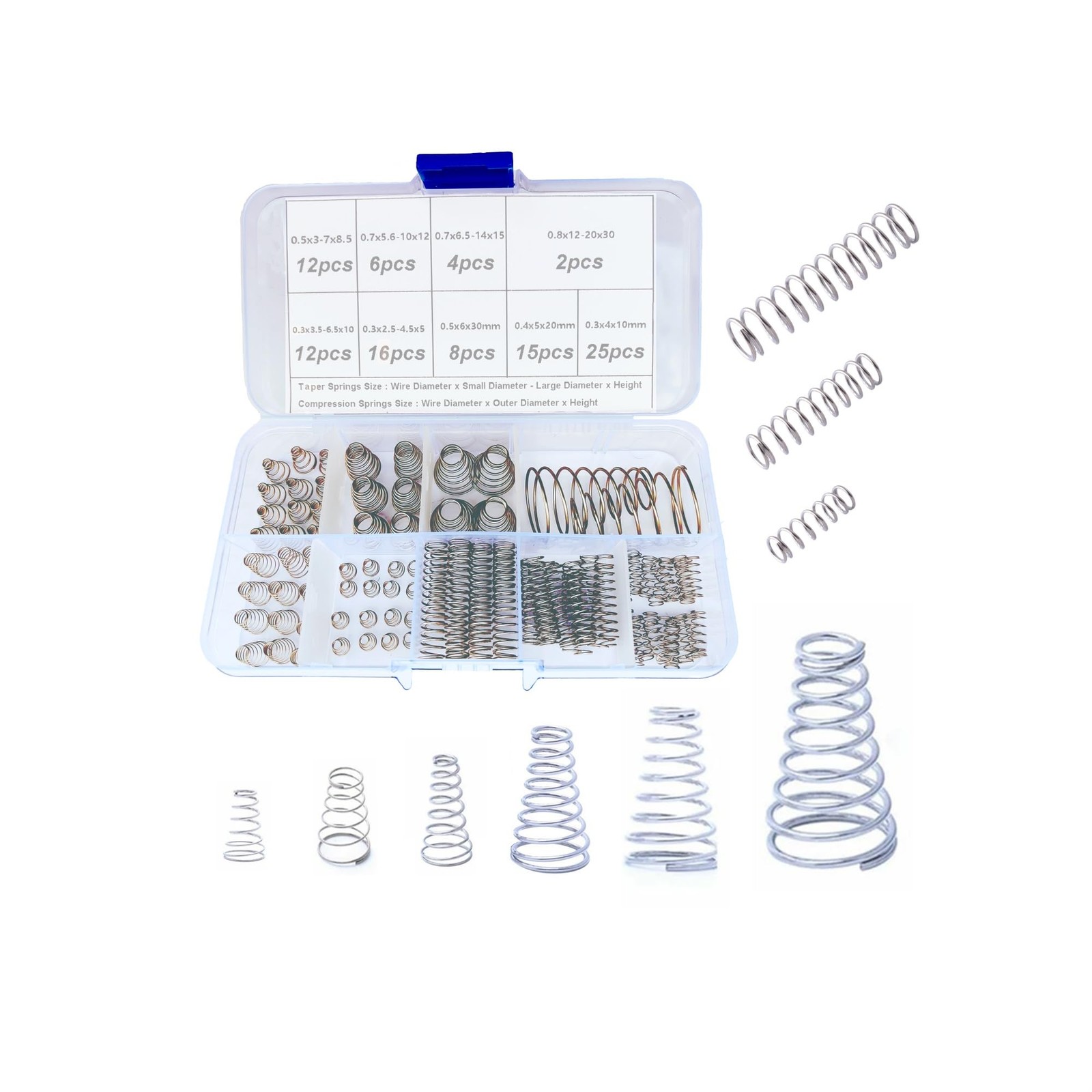 100pcs Conical Spring Assorted Set, 304 Stainless Steel Metal Taper Compression