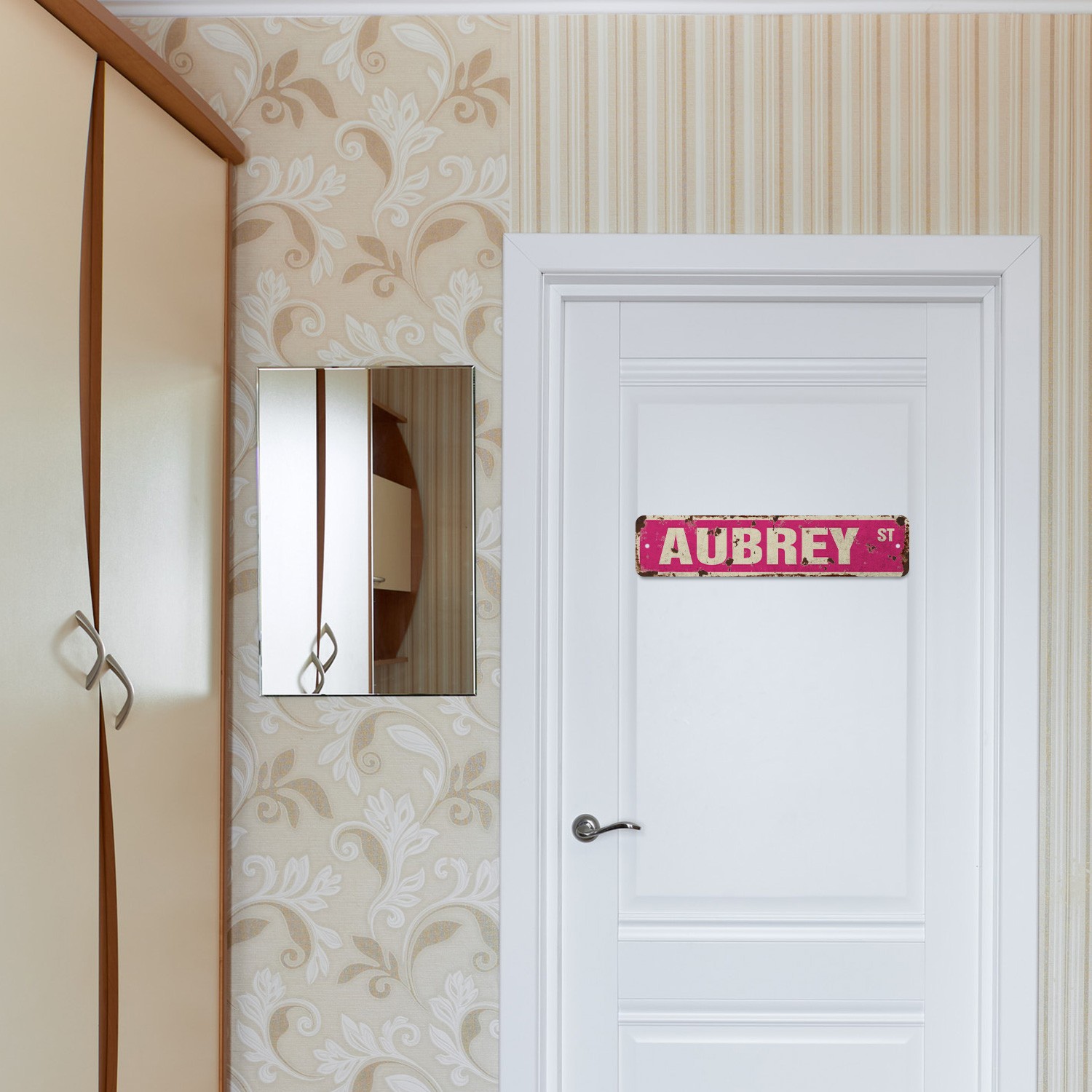 AUBREY Vintage Style Rustic Street Sign Childrens Name Room Metal Road Sign