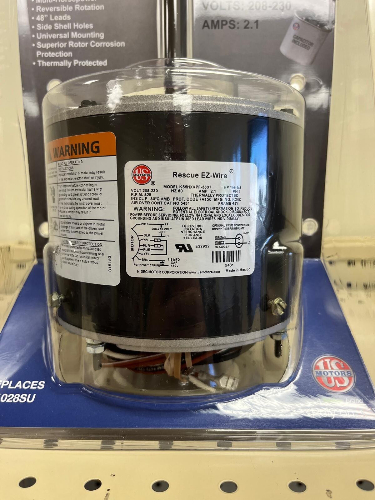 US Motors 5431 RESCUE EZ-Wire Condenser Fan Motor, 208-230V, 1/4-1/8 HP, 825 RPM