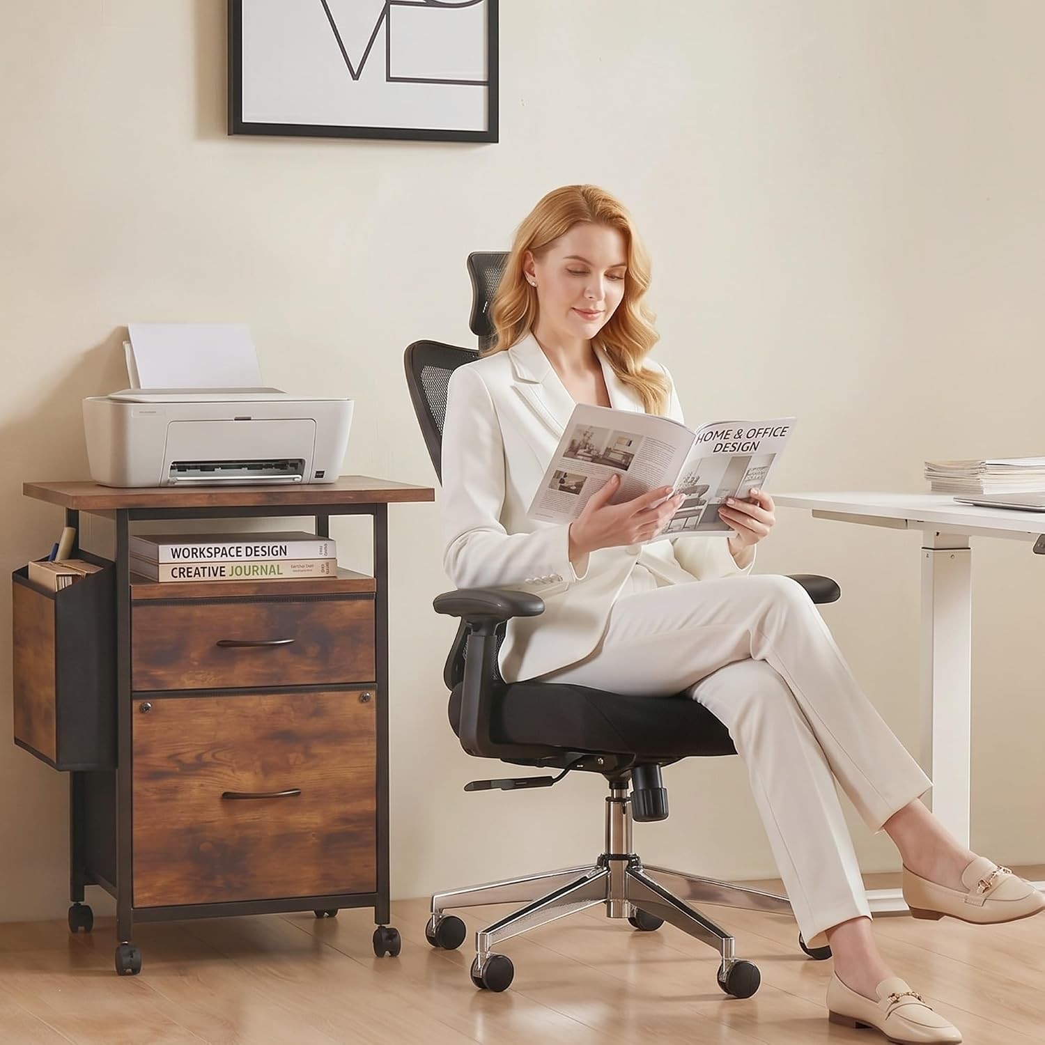 File Cabinets for Home Office, Small Printer Stand with Storage, Rolling Filing