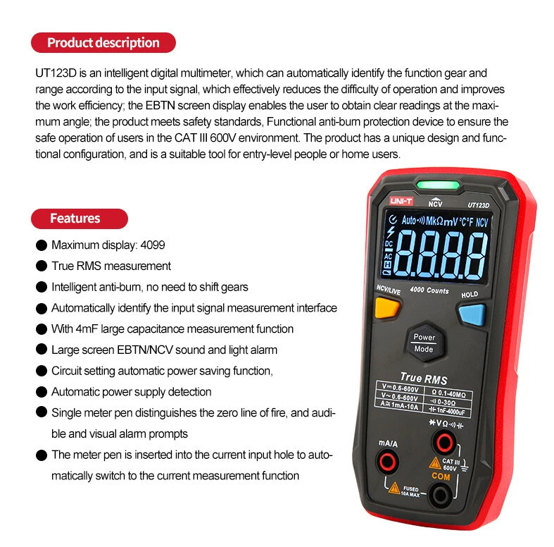 UT123D Digital Multimeter, Smart, True Rms, CAT III 600V, 4000 counts