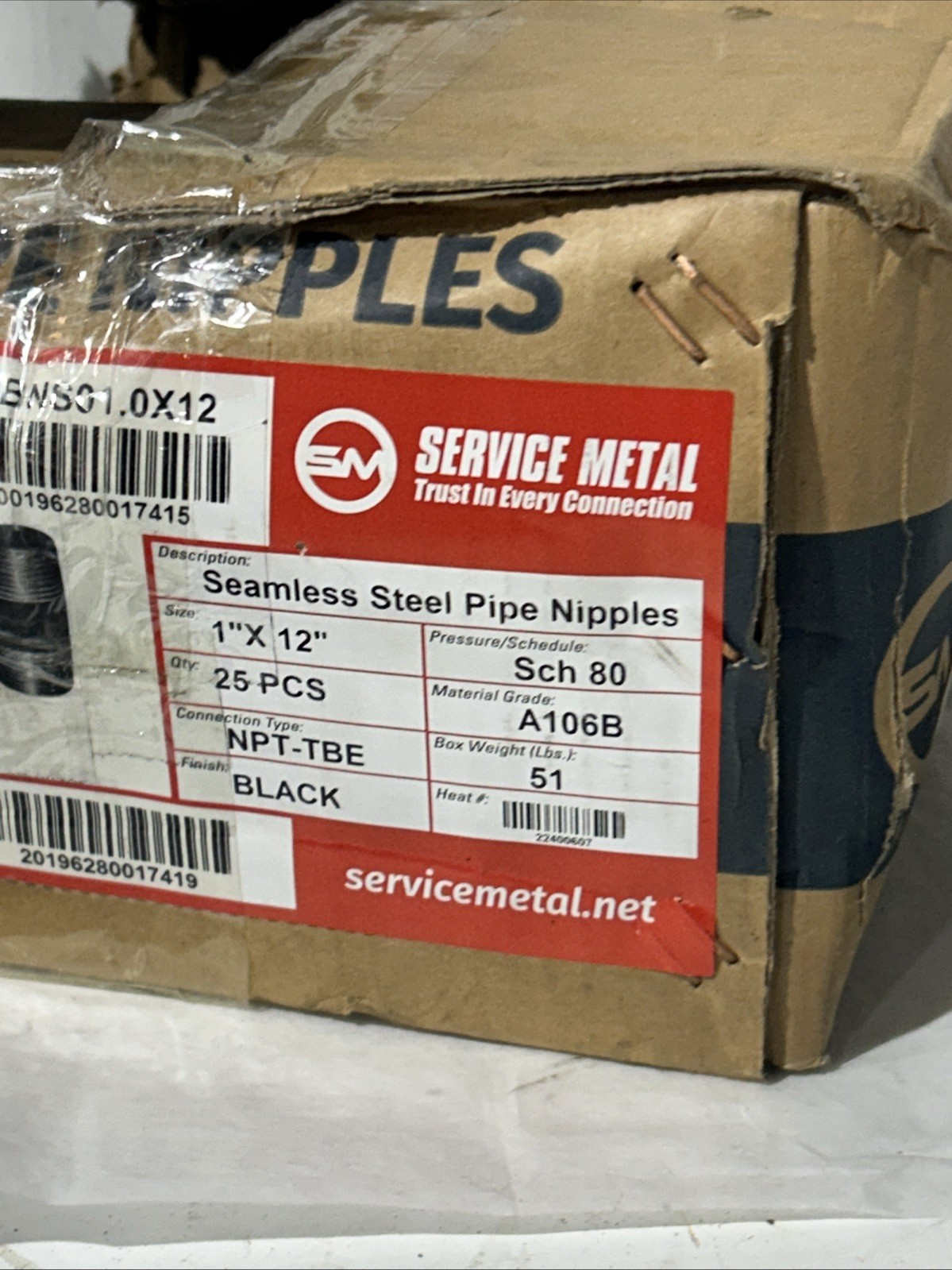 1”x12” Seamless Steel Pipe Nipple Schedule 80. Black, Npt, Service Metal