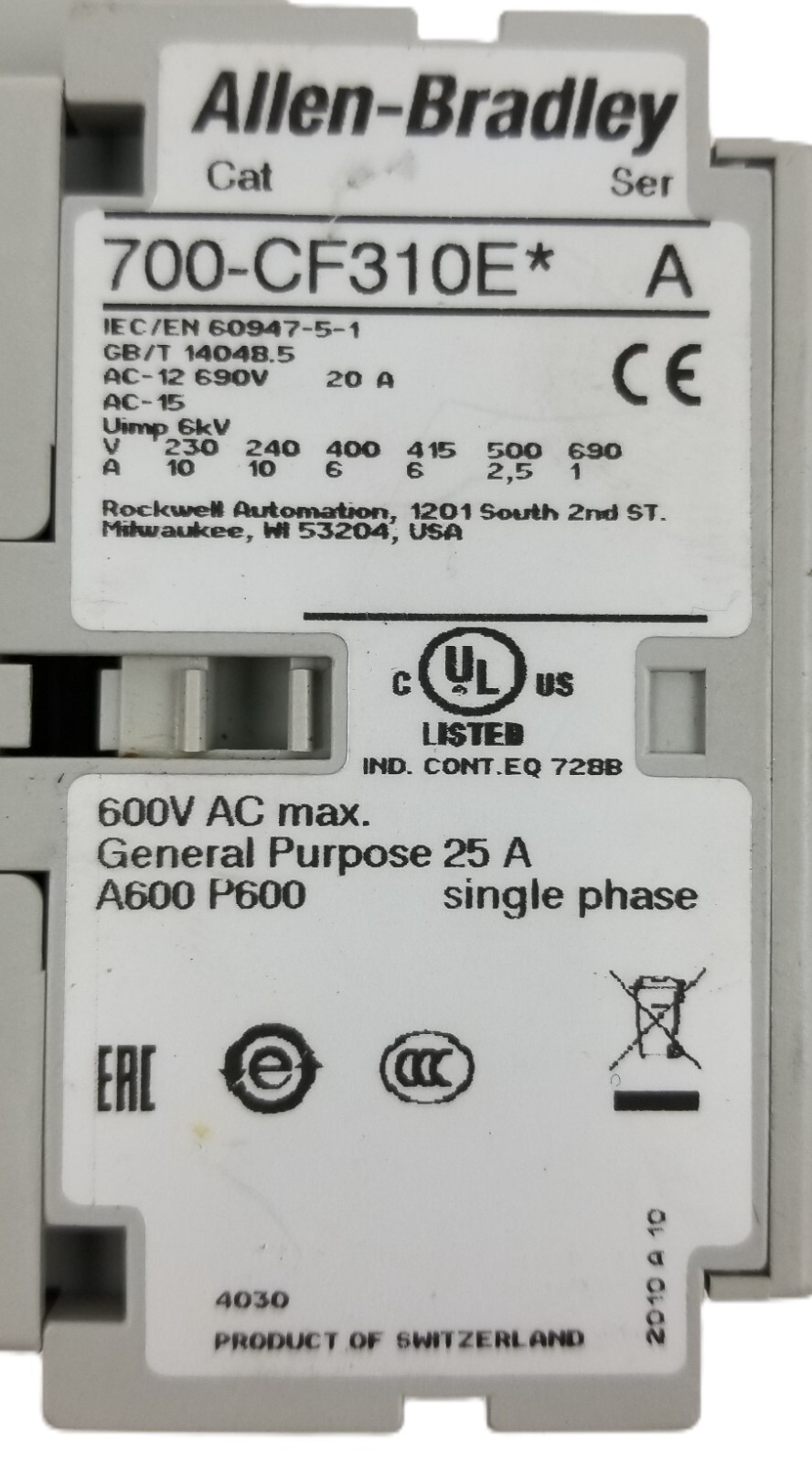 Allen-Bradley 700S-CF620EJBC Safety Contactor 10A 24Vdc 8Poles 6NO/2NC NEW